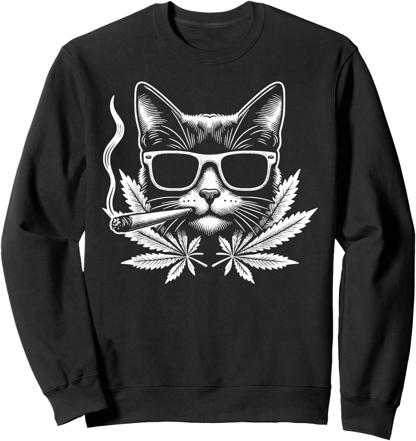 Retro Cat With Sunglasses Smoking Cannabis Cannabis Leaf Sweatshirt - Sweatshirt | Black