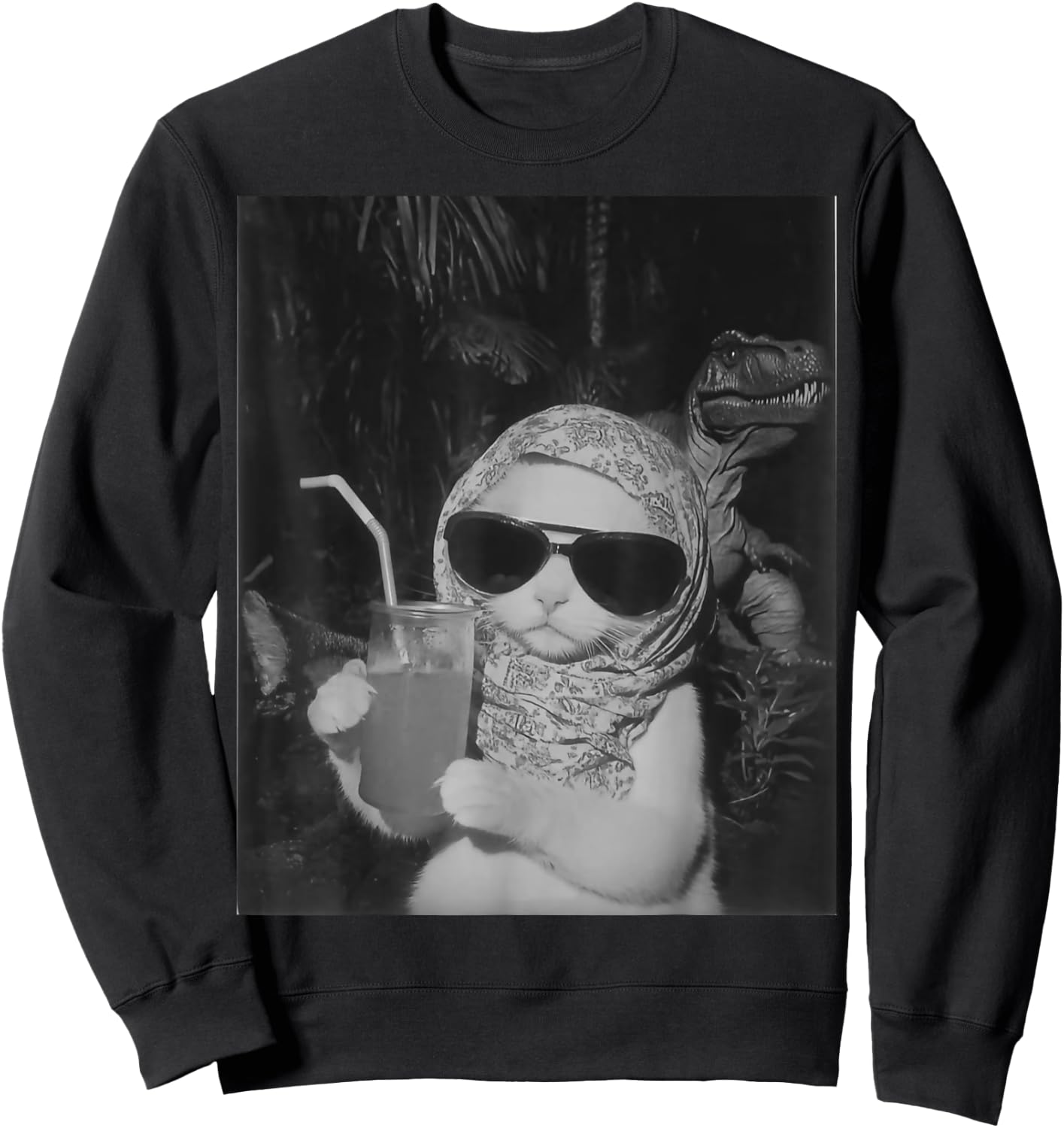 Chill And Cool Cat Drinking Fruit Selfie With Dinosaur T-Rex Women Kids Sweatshirt - Sweatshirt | Black