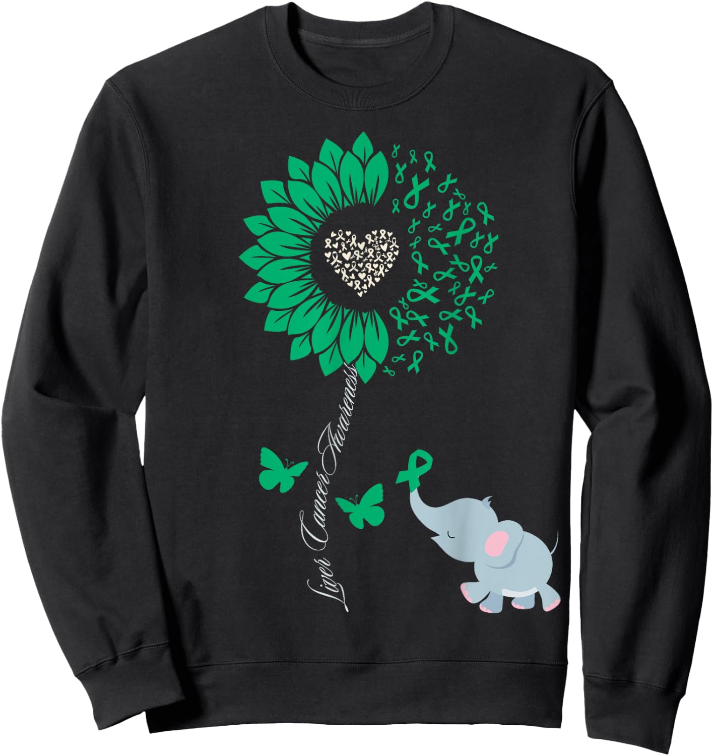 Liver Cancer Awareness Sunflower Elephant Butterfly Green Sweatshirt - Sweatshirt | Black