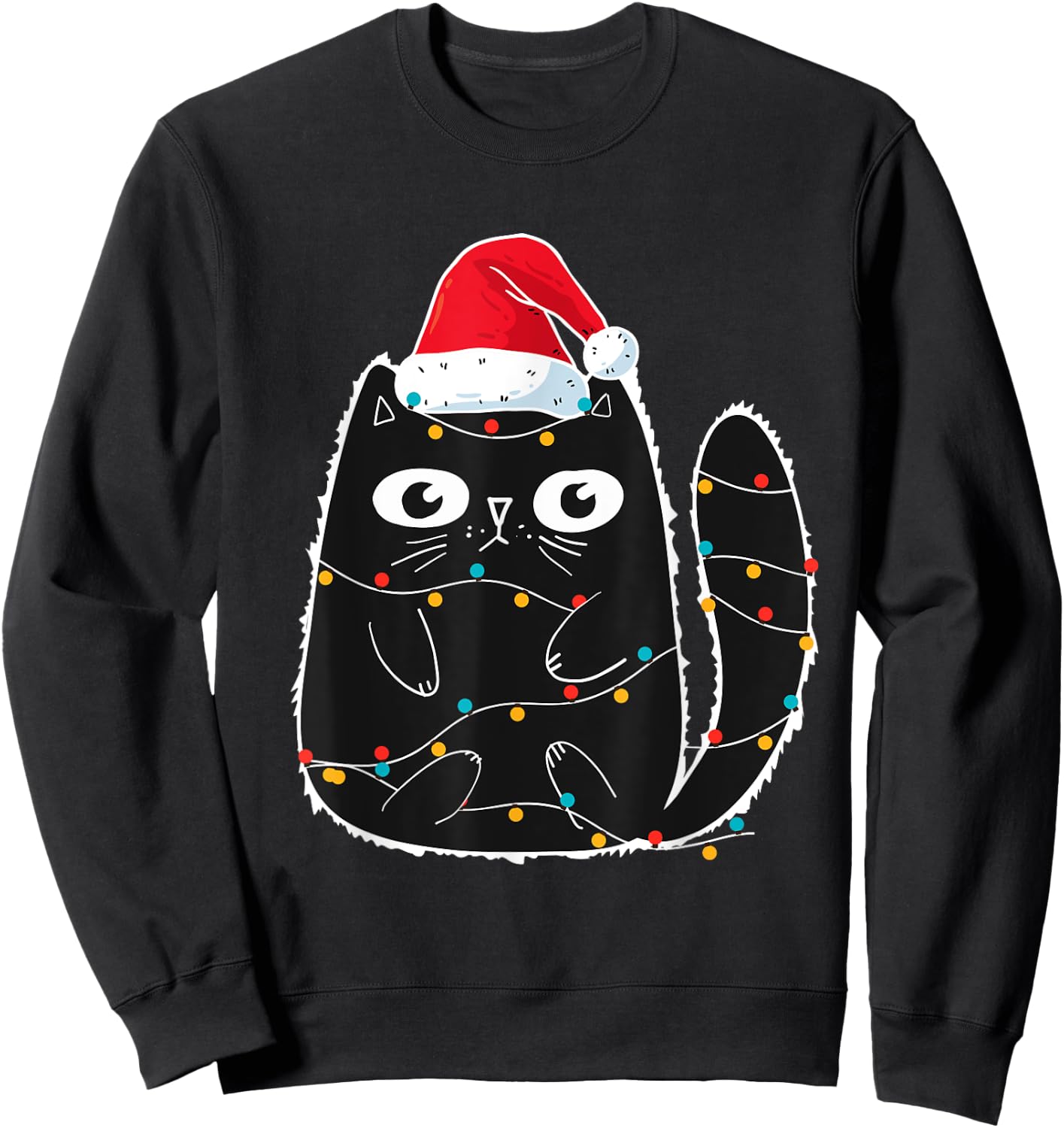 Cute Black Cat Santa Christmas Lights Meow Kitty Kitten Xmas Women Kids Sweatshirt - Sweatshirt | Black
