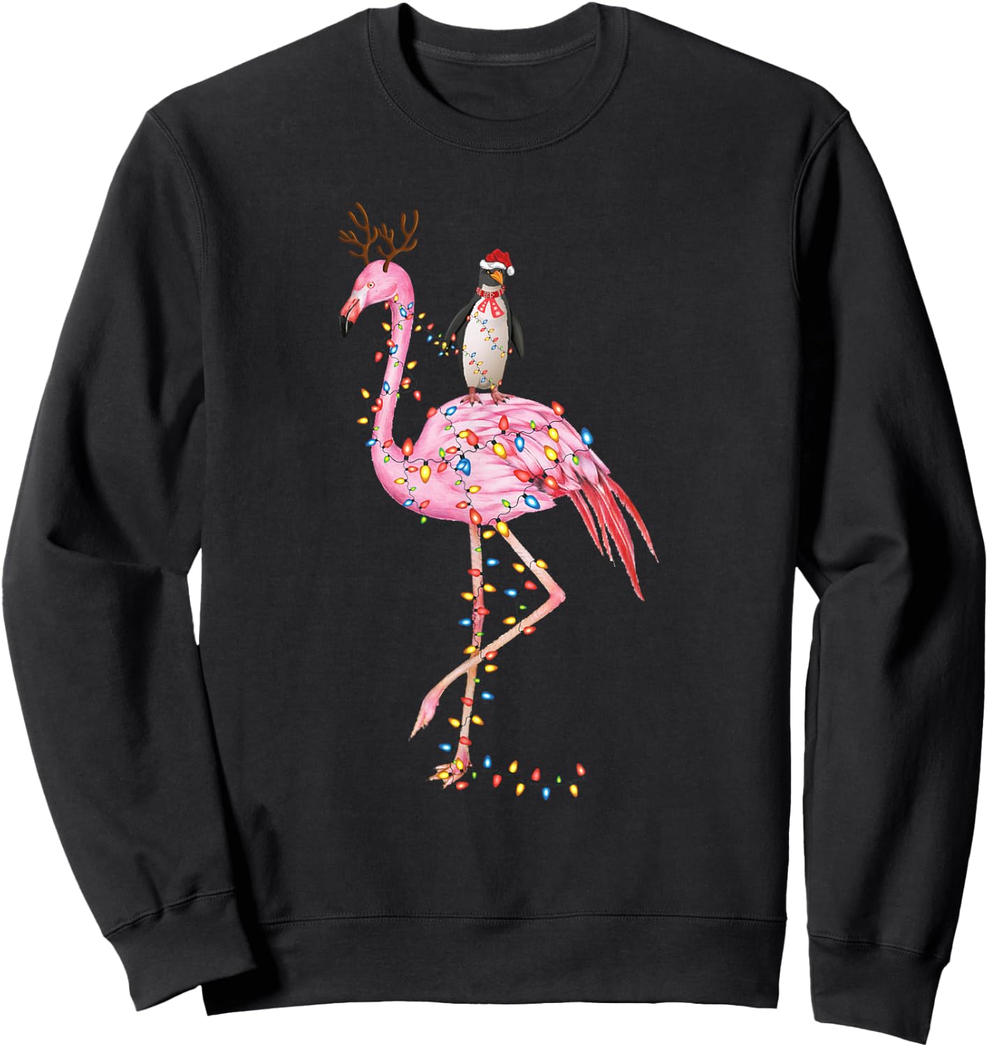 Holiday Xmas Lighting Penguin Riding Flamingo Christmas Sweatshirt - Sweatshirt | Black