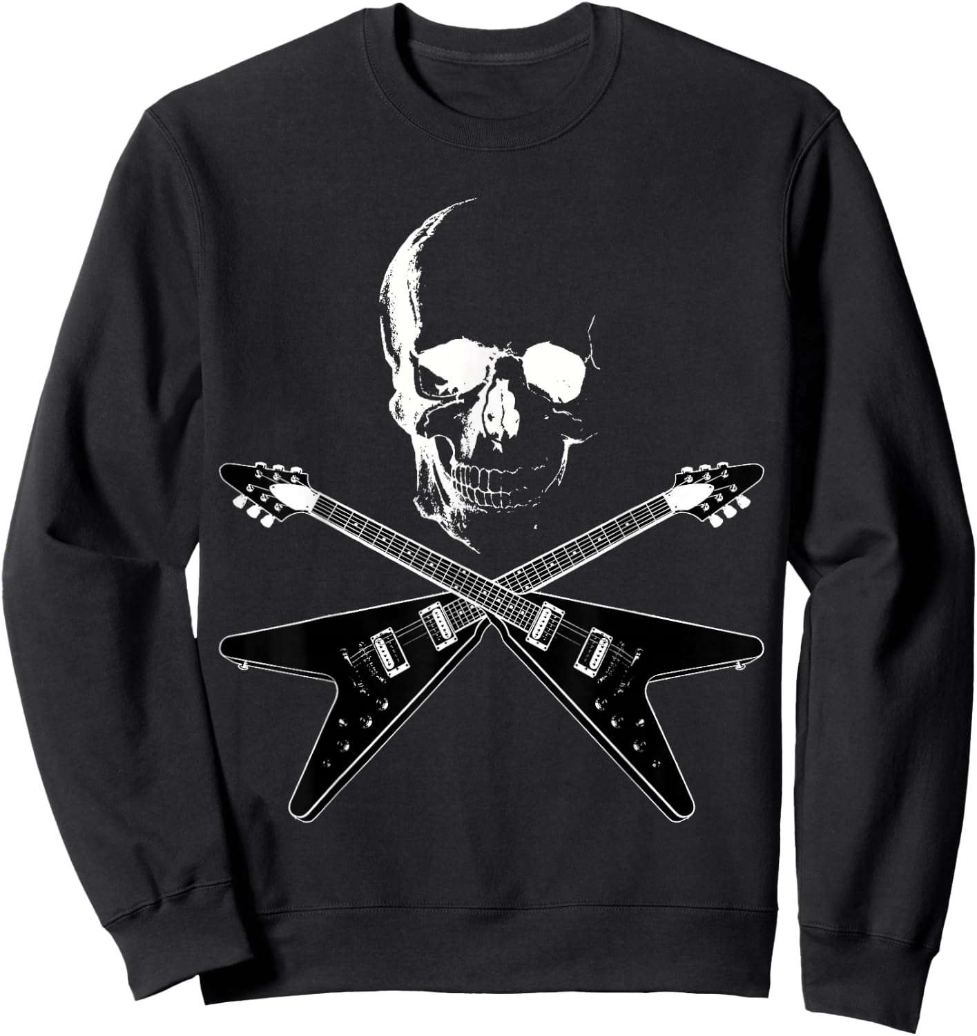 Flying V Guitar Hard Rock Heavy Metal Music Skull Outfit Sweatshirt - Sweatshirt | Black