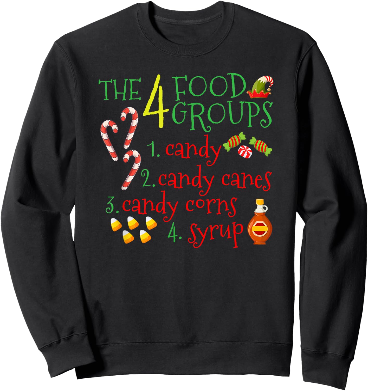 The 4 Elf Food Groups Funny Christmas Candy Cane Sweatshirt - Sweatshirt | Black