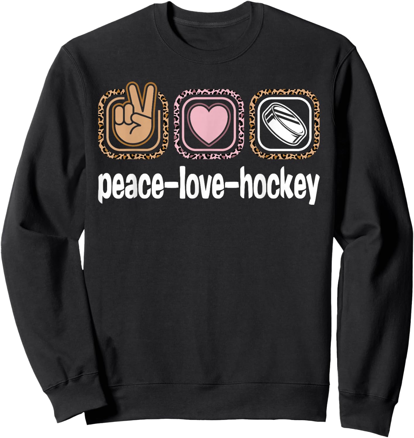 Ice Hockey Leopard Print Women Girls Kids Peace Love Hockey Sweatshirt - Sweatshirt | Black