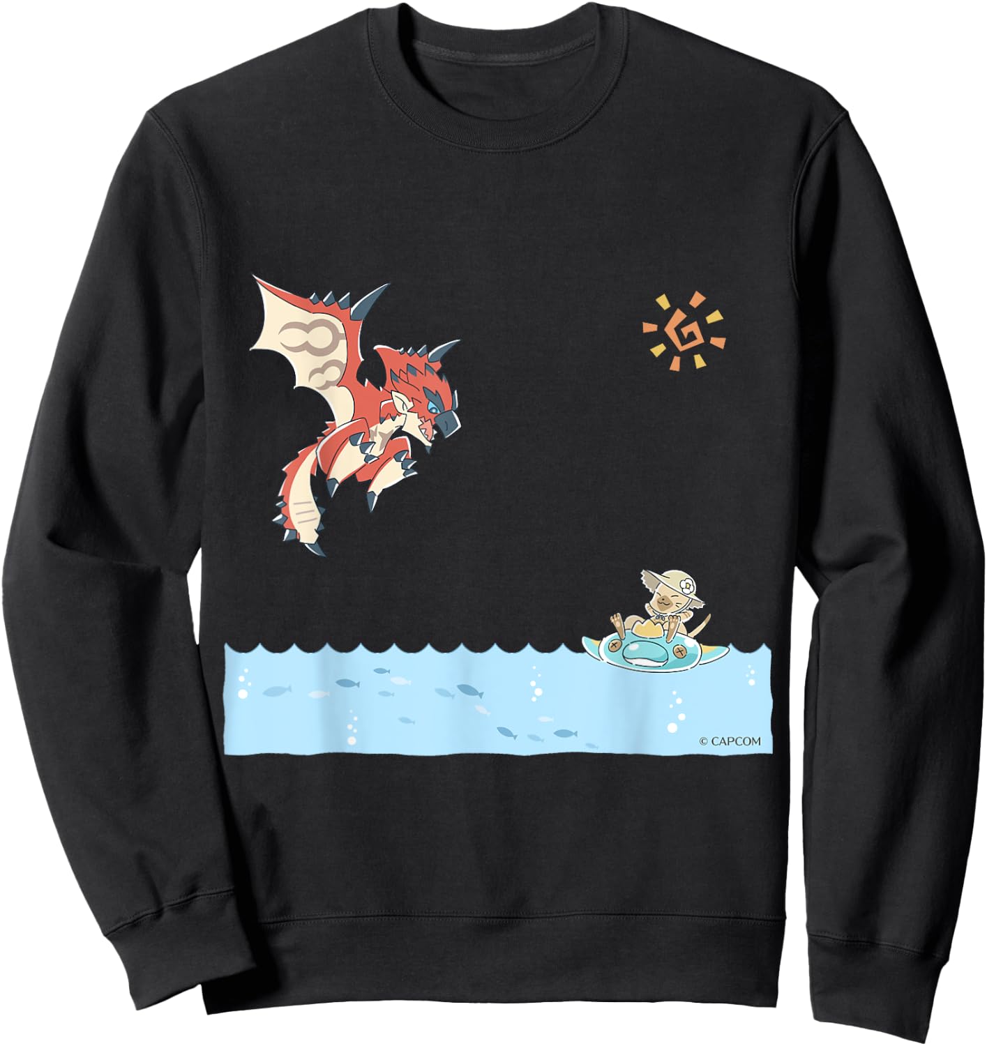 Monster Hunter Rathalos & Swimming Felyne , Black, S Sweatshirt - Sweatshirt | Black