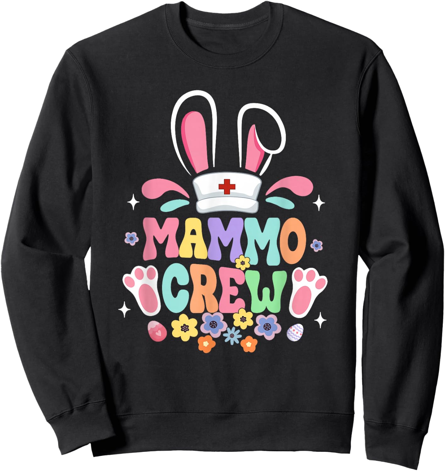 Retro Groovy Mammo Crew Mammo Tech Bunny Ear Flower Easter Sweatshirt - Sweatshirt | Black