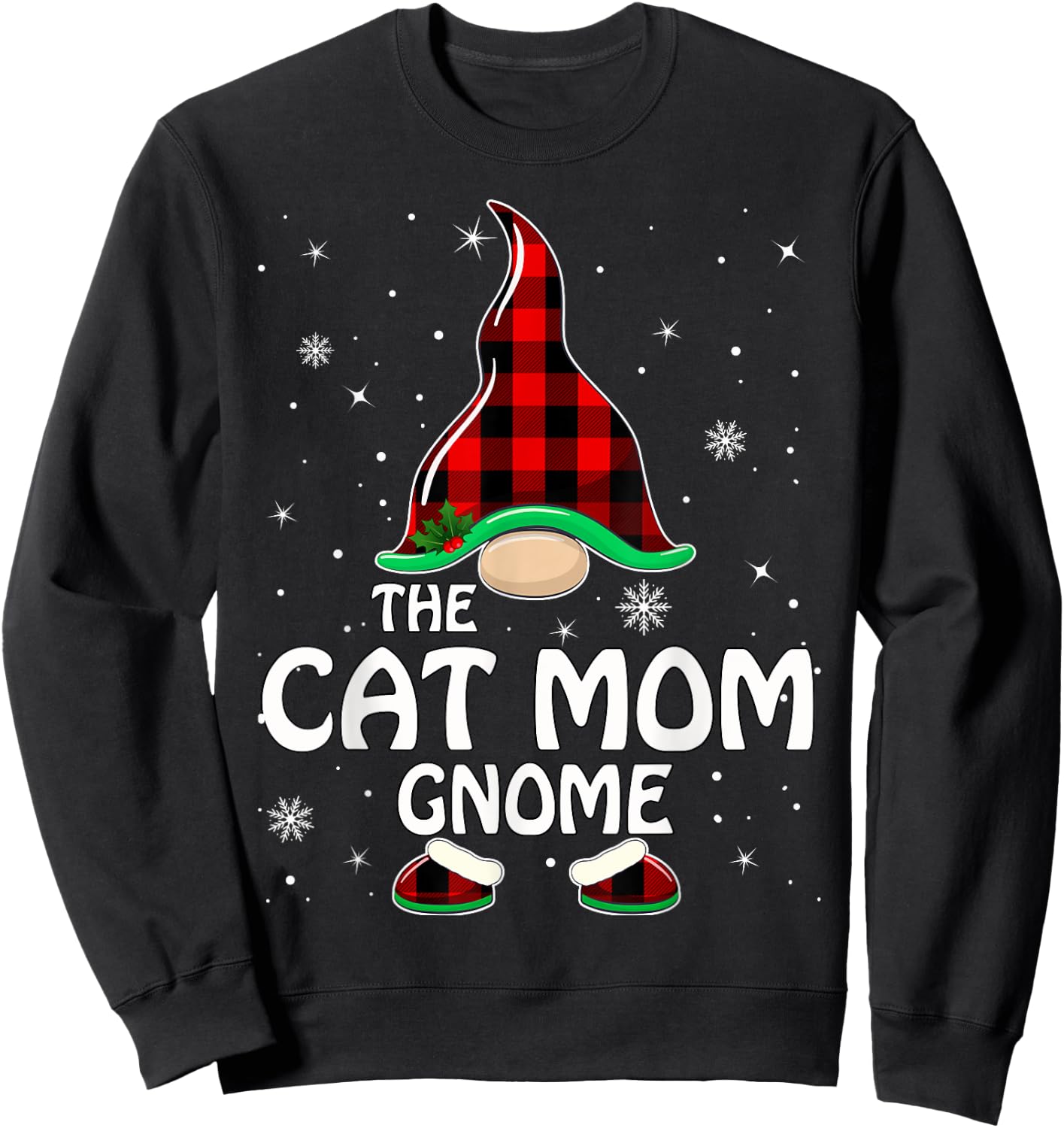 Cat Mom Gnome Buffalo Plaid Matching Family Christmas Men Women Kids Sweatshirt - Sweatshirt | Black