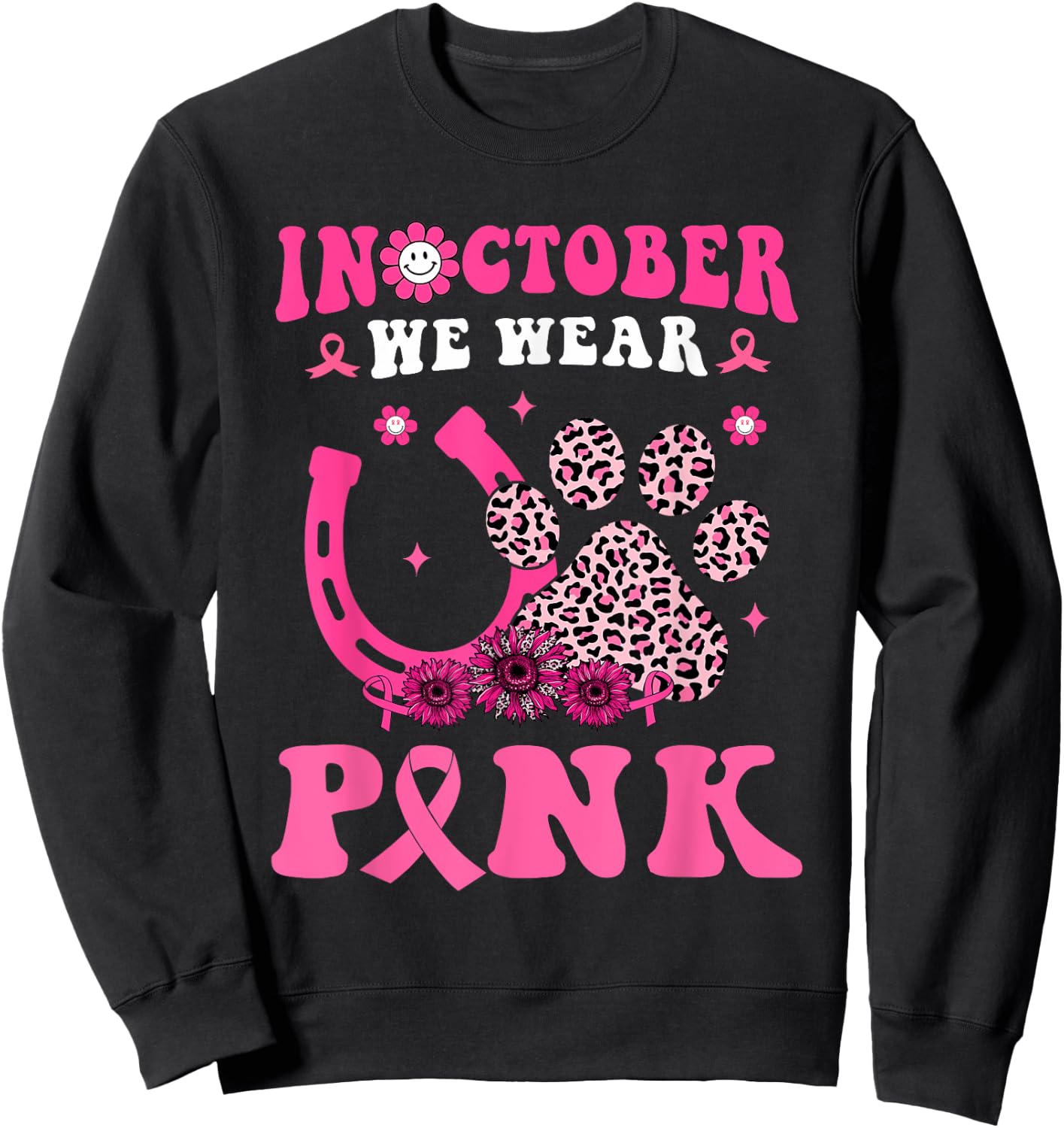 Groovy Halloween In October We Wear Pink Horseshoe & Dog Paw Sweatshirt - Sweatshirt | Black