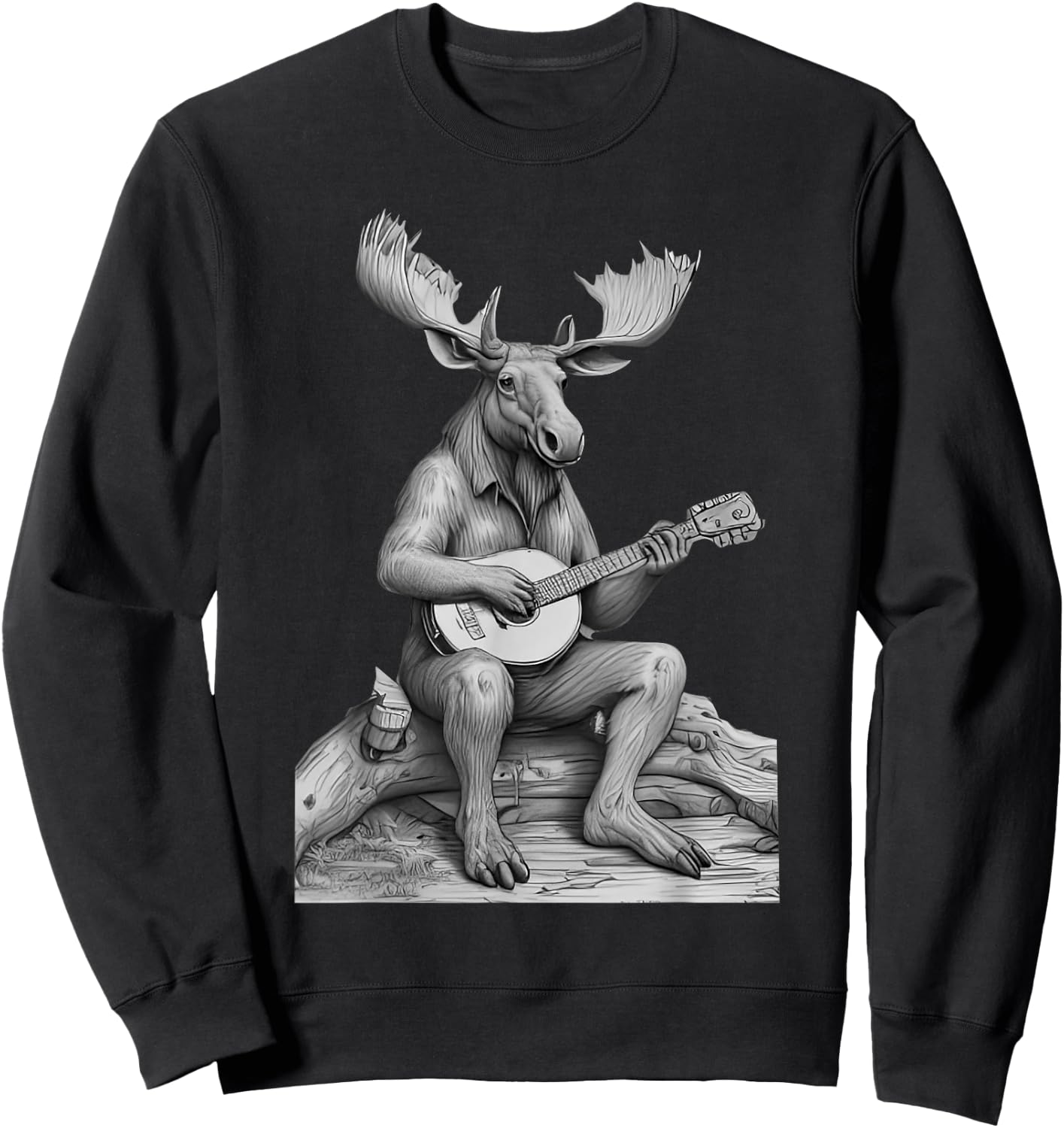 Retro Moose Playing Banjo Camping Musician Nature Lover Sweatshirt - Sweatshirt | Black