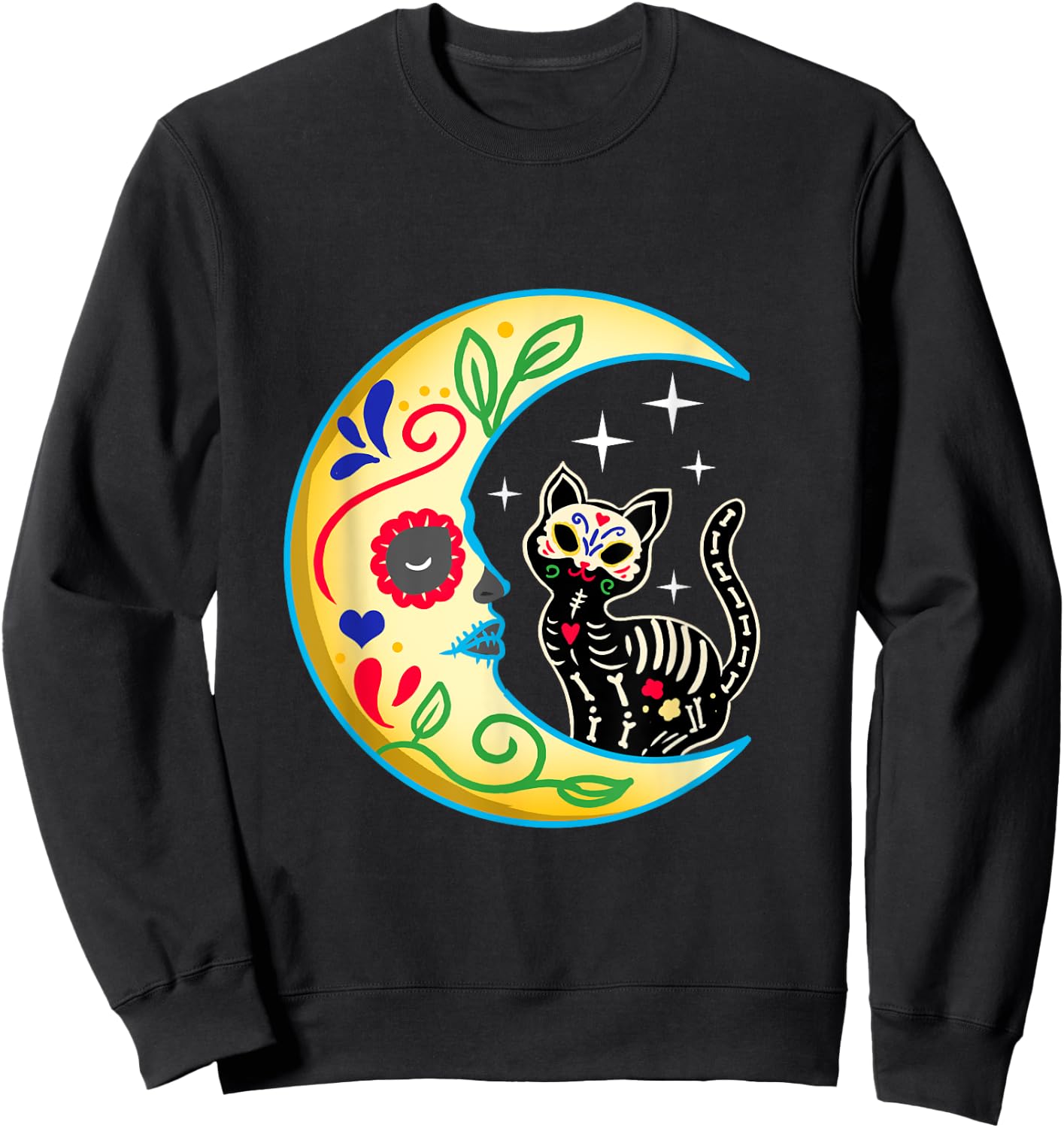 Cat & Moon Sugar Skull Dia de Los Muertos Day of The Dead Men Women Girls Kids Sweatshirt - Sweatshirt | Black