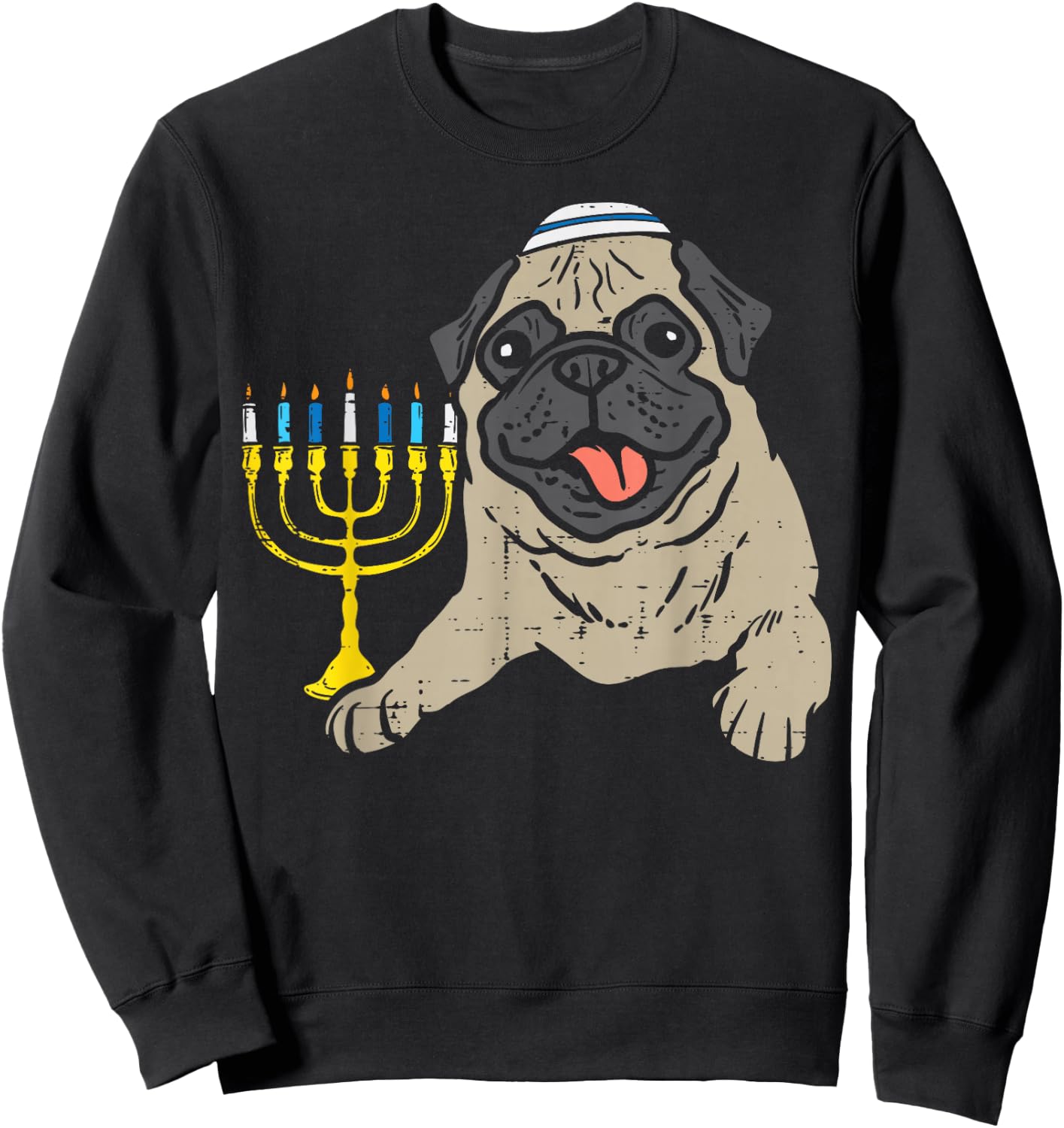 Jewish Pug Dog Menorah Hanukkah Pajamas Chanukah PJs Sweatshirt - Sweatshirt | Black