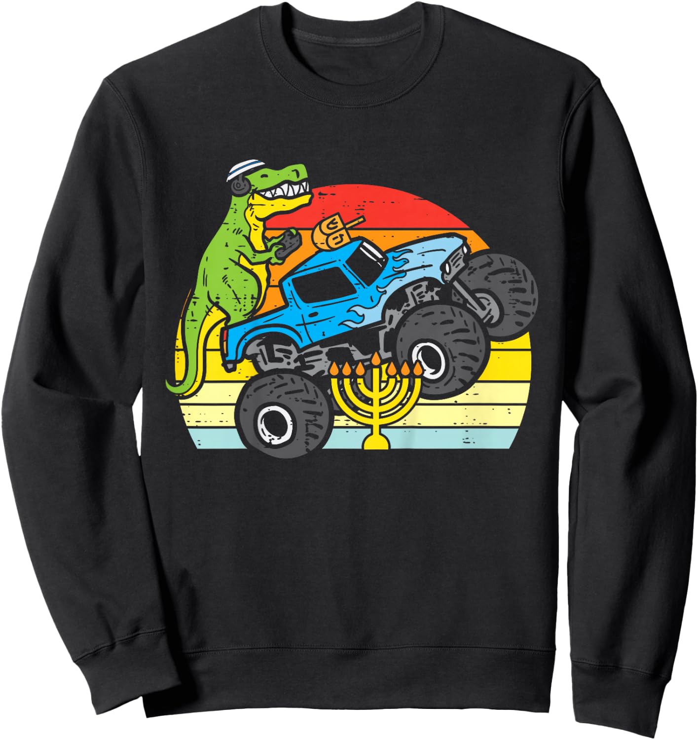 Kids Trex Dino Monster Truck Menorah Boys Hanukkah Toddler Kids Sweatshirt - Sweatshirt | Black
