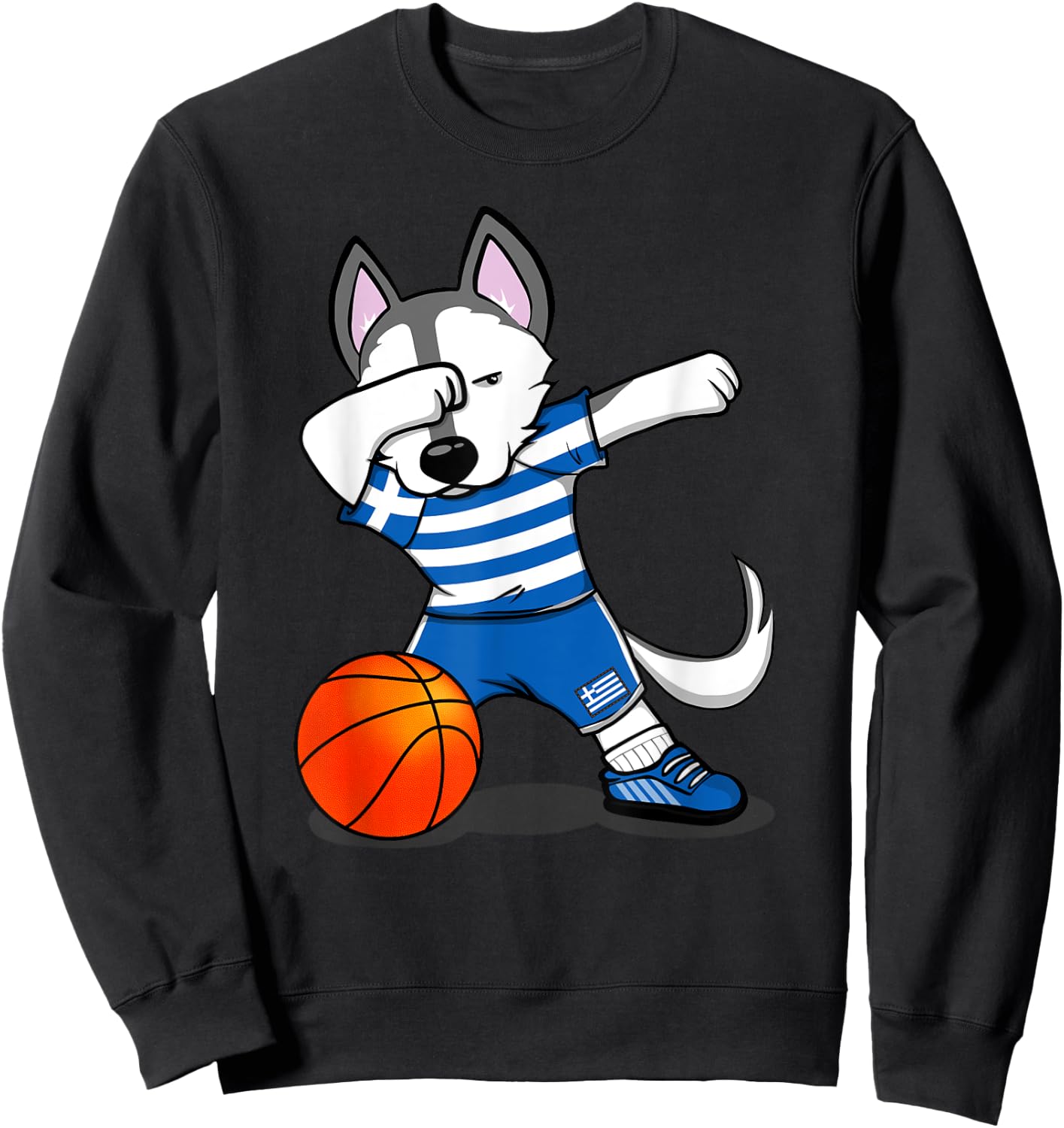 Dabbing Husky Dog Greece Basketball Fans Jersey - Greek Flag Men Women Girls Kids Sweatshirt - Sweatshirt | Black