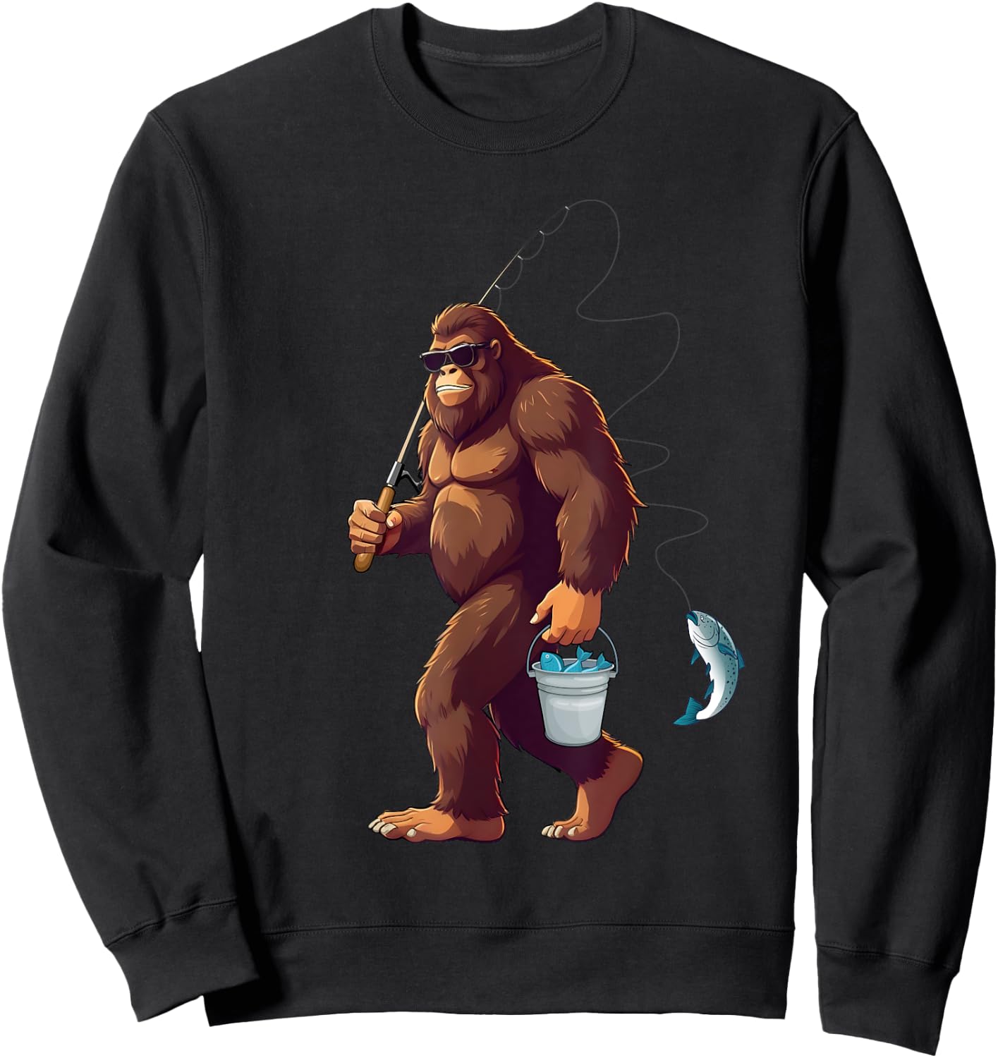 Bigfoot Fishing Funny Retro Sasquatch Fisherman Dad Men Kids Sweatshirt - Sweatshirt | Black