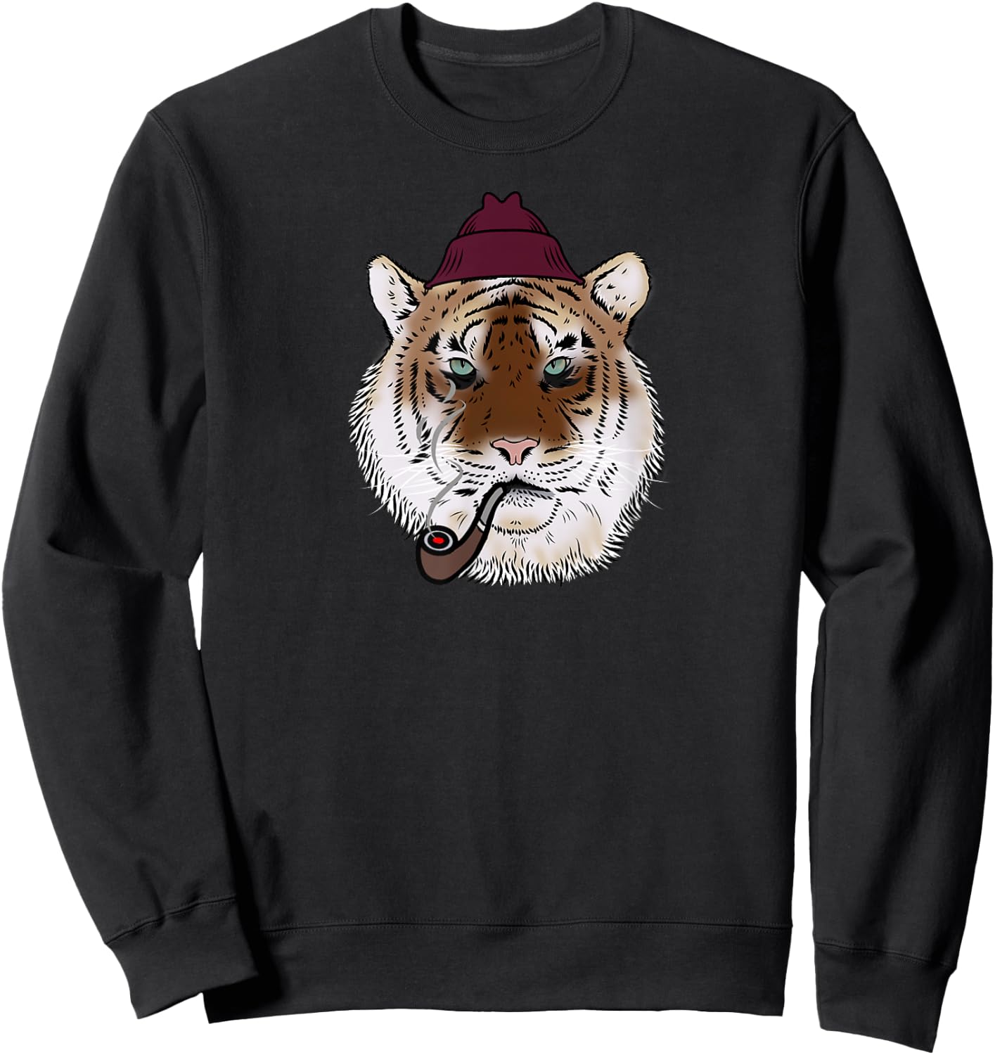 Tiger head face with a hat smoking a pipe cool big cat love Sweatshirt - Sweatshirt | Black