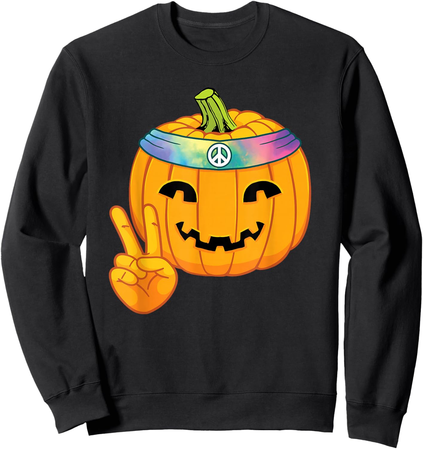 Hippie Halloween Pumpkin Peace Sign Hand Headband Tie Dye Sweatshirt - Sweatshirt | Black