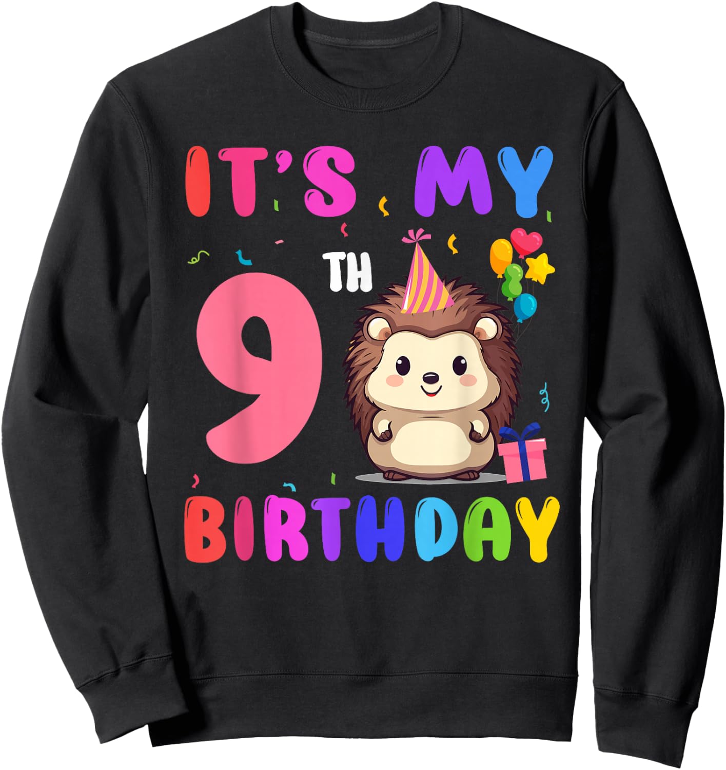 It’s My 9th Birthday Hedgehog Animal 9 Years Old Kids Sweatshirt - Sweatshirt | Black