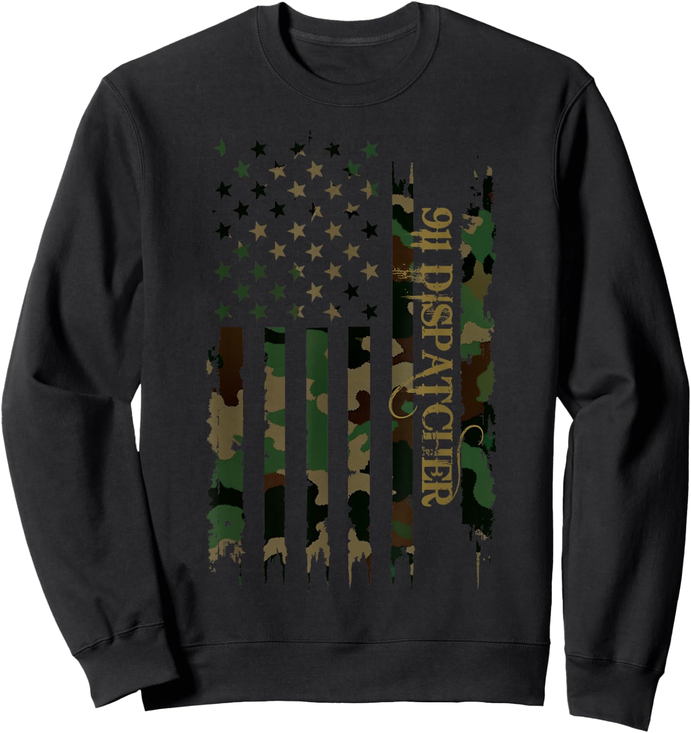 911 Dispatcher United States Distressed Camo w US Flag Sweatshirt - Sweatshirt | Black