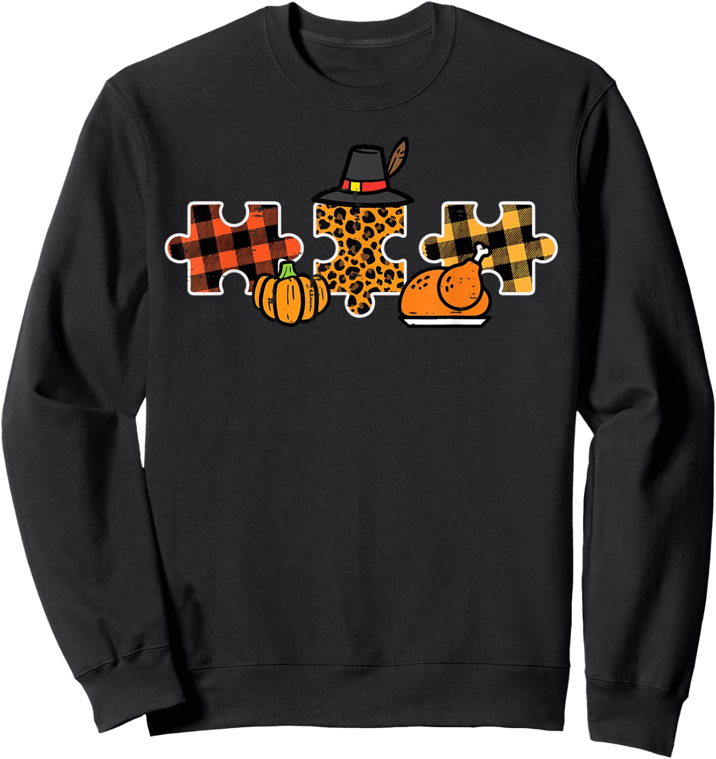 Thanksgiving Autism Awareness Puzzle Fall Women Men Kids Sweatshirt - Sweatshirt | Black