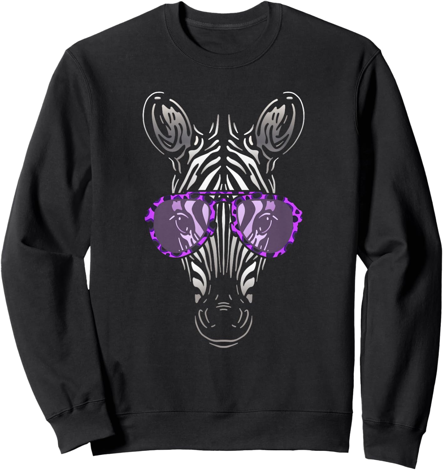 Zebra in Purple Leopard Print Sunglasses Funny Art Graphic Sweatshirt - Sweatshirt | Black