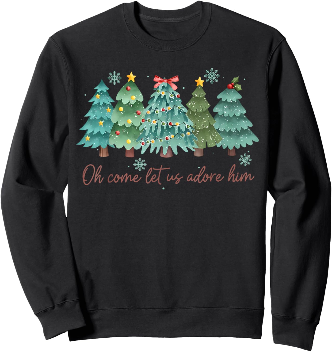 Oh Come Let US Adore Him Funny Christian Christmas Tree Bow Sweatshirt - Sweatshirt | Black