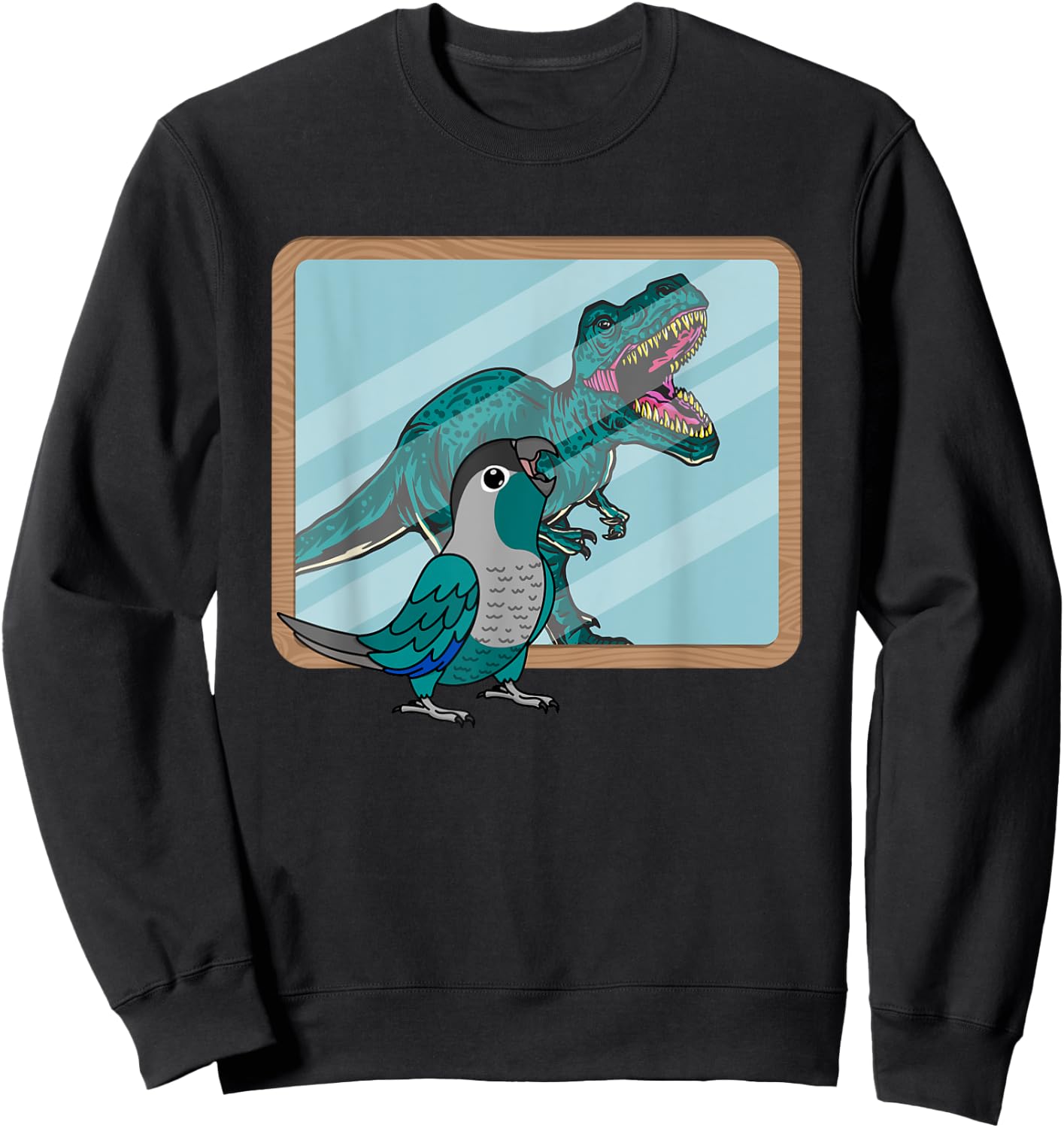 Funny Birds Gifts for Birders and Bird Breeders Parrot & T Rex Reflection I Turquoise Green Cheek Conure Sweatshirt - Sweatshirt | Black
