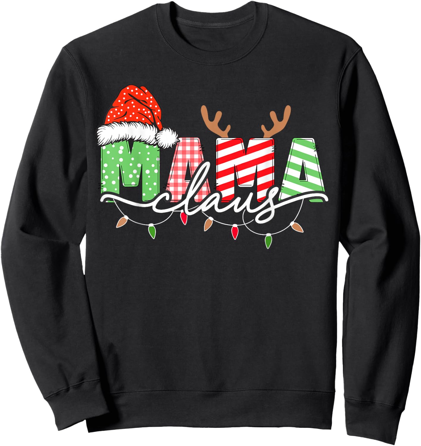 Mama Claus Xmas Christmas Lights Pajama Family Matching Sweatshirt - Sweatshirt | Black