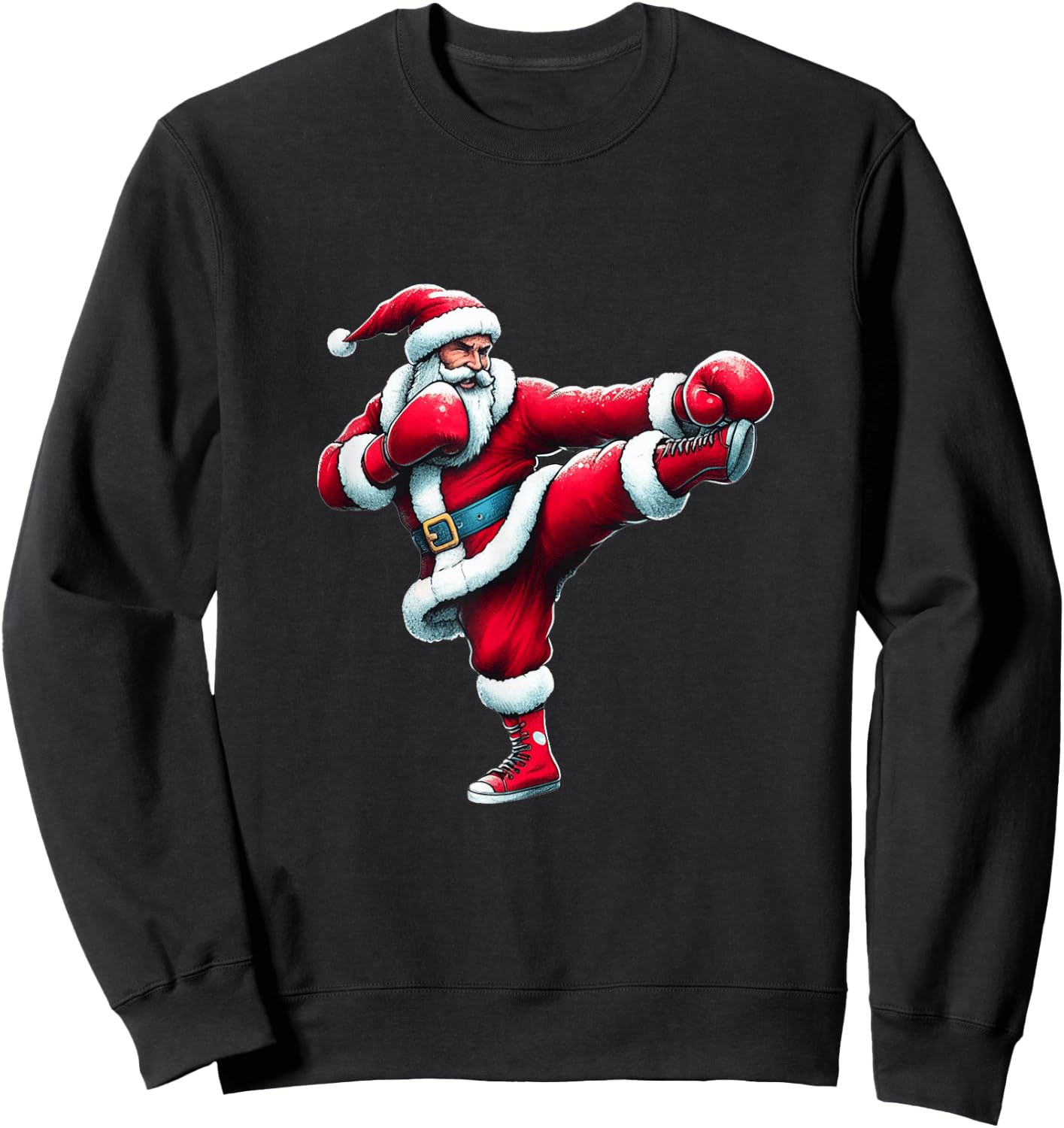 Santa Kickboxing Boxing Kicking Cool Sports Christmas Pajama Sweatshirt - Sweatshirt | Black