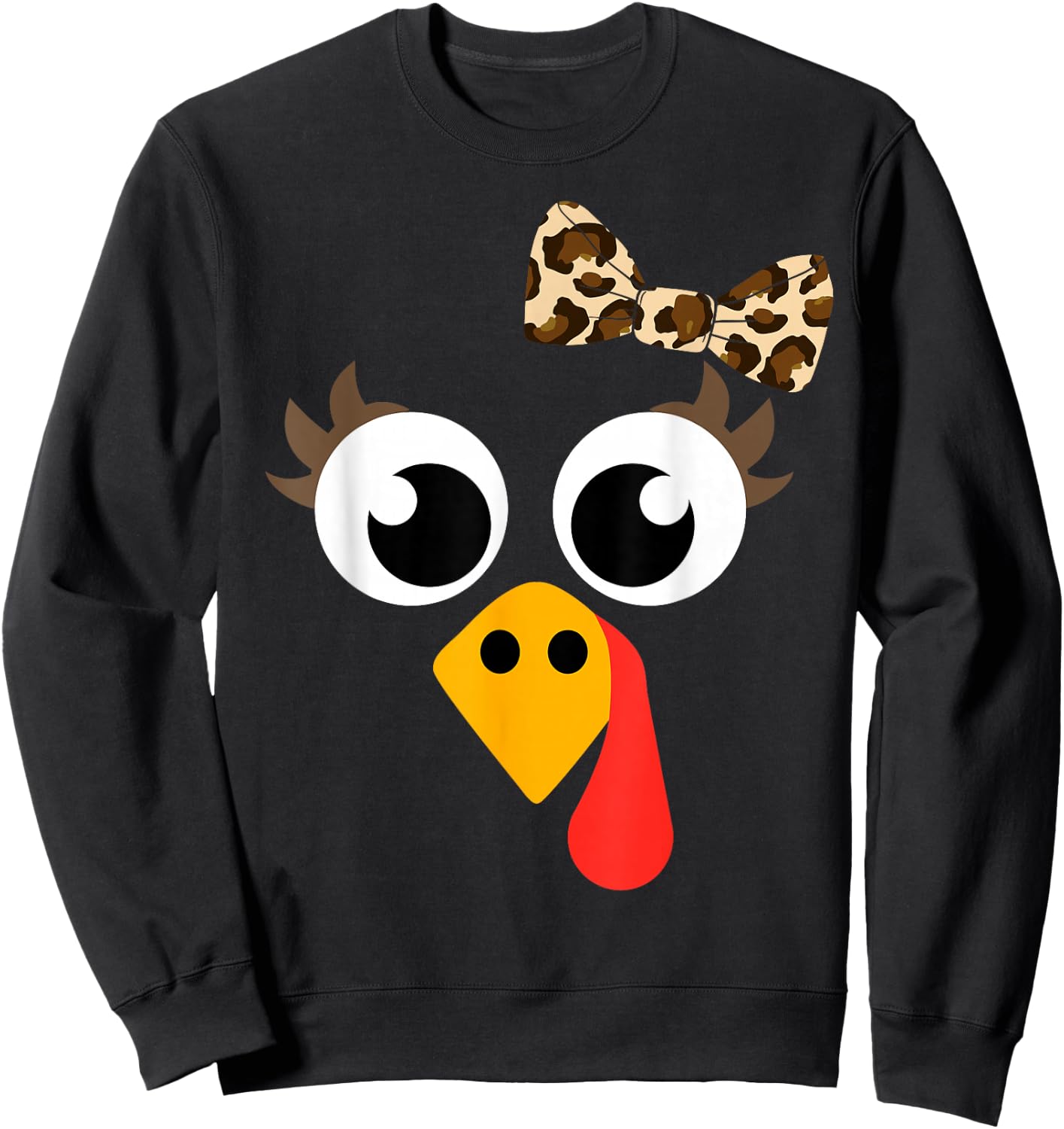 Cute Turkey face with Leopard Bow for Thanksgiving Girl Sweatshirt - Sweatshirt | Black