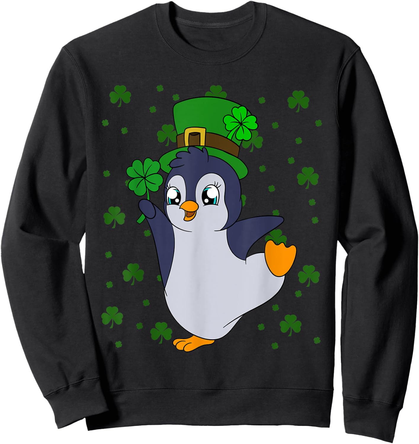 Cute Penguin Shamrocks Saint Patrick's Day Penguin Sweatshirt - Sweatshirt | Black