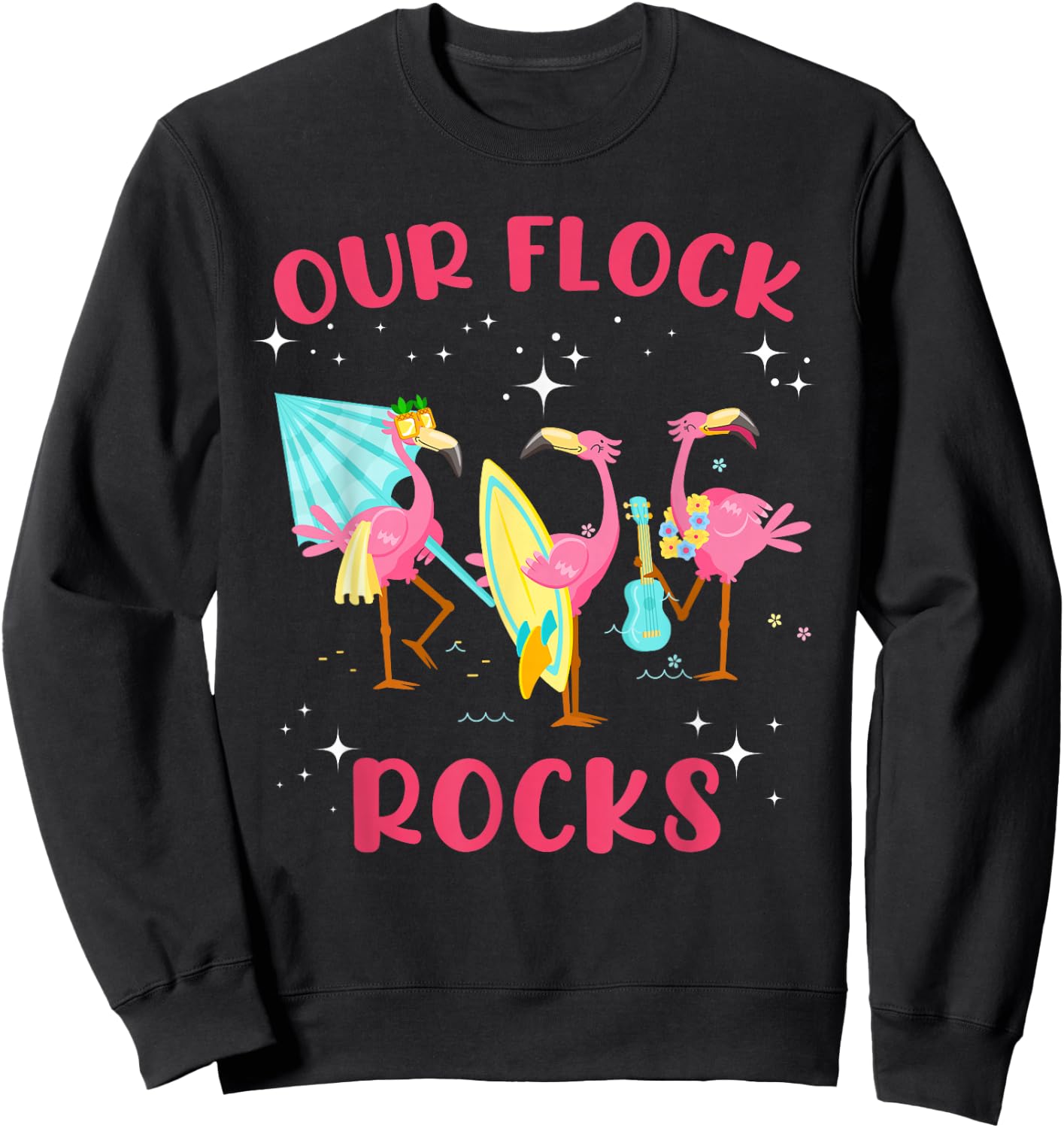 Our Flock Rocks Flamingo Matching Family Vacation Group Sweatshirt - Sweatshirt | Black