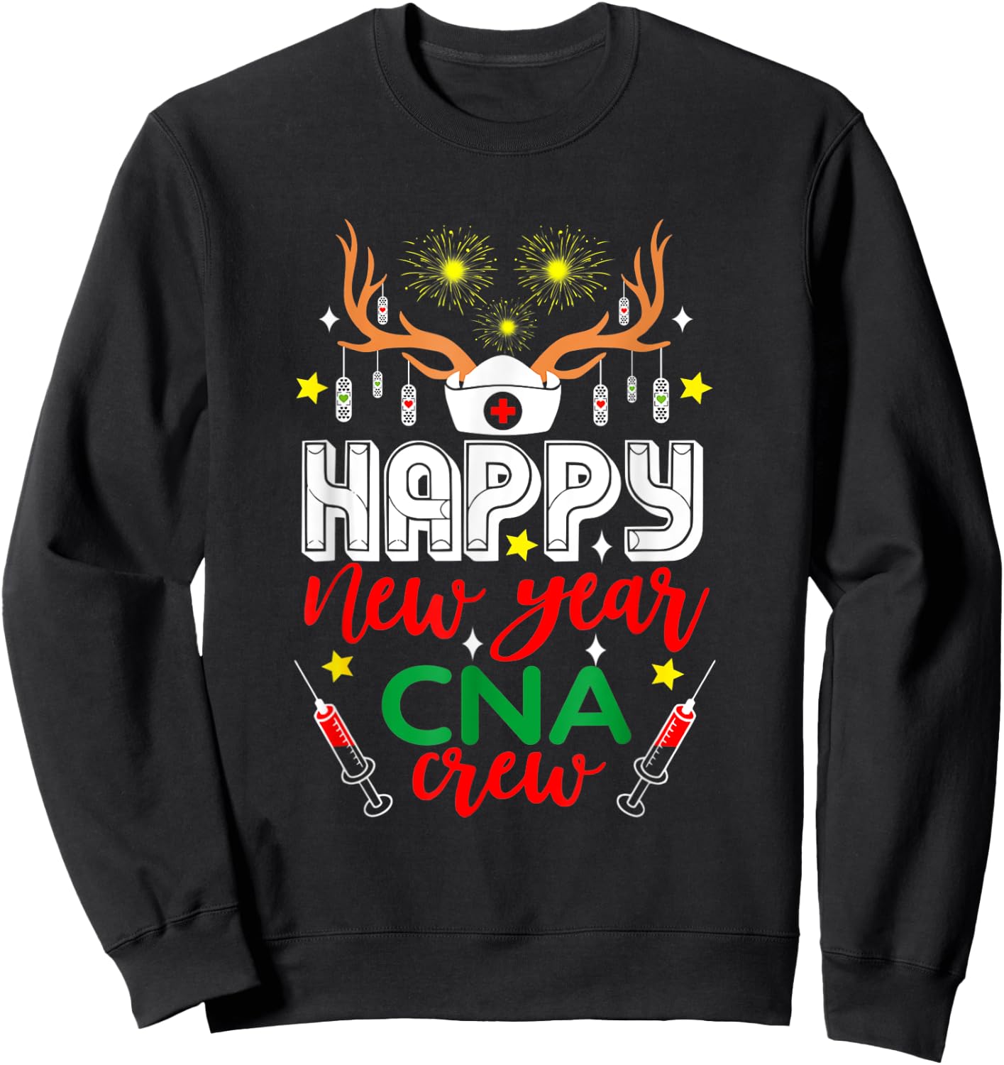 Funny Reindeer Horn Nurse Christmas Happy New Year CNA Crew Sweatshirt - Sweatshirt | Black