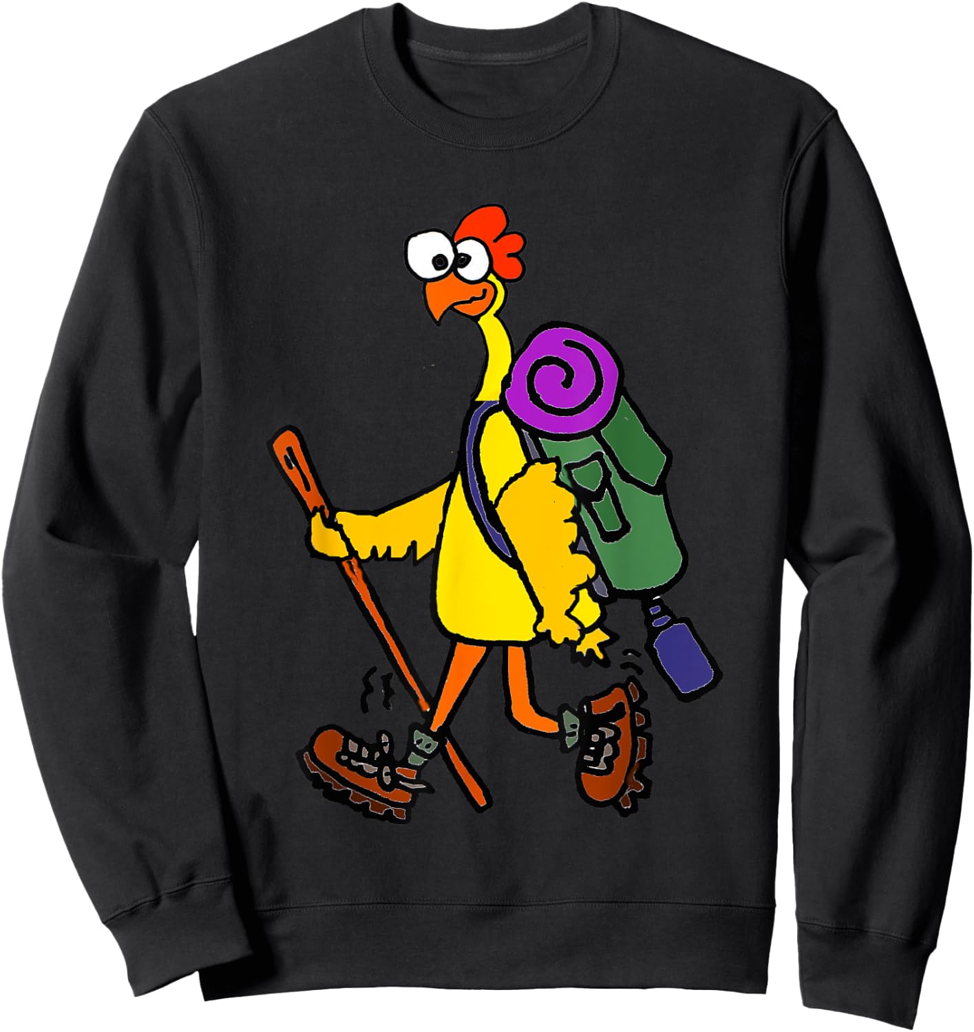 Smilealottees Funny Rubber Chicken Hiking Cartoon Sweatshirt - Sweatshirt | Black