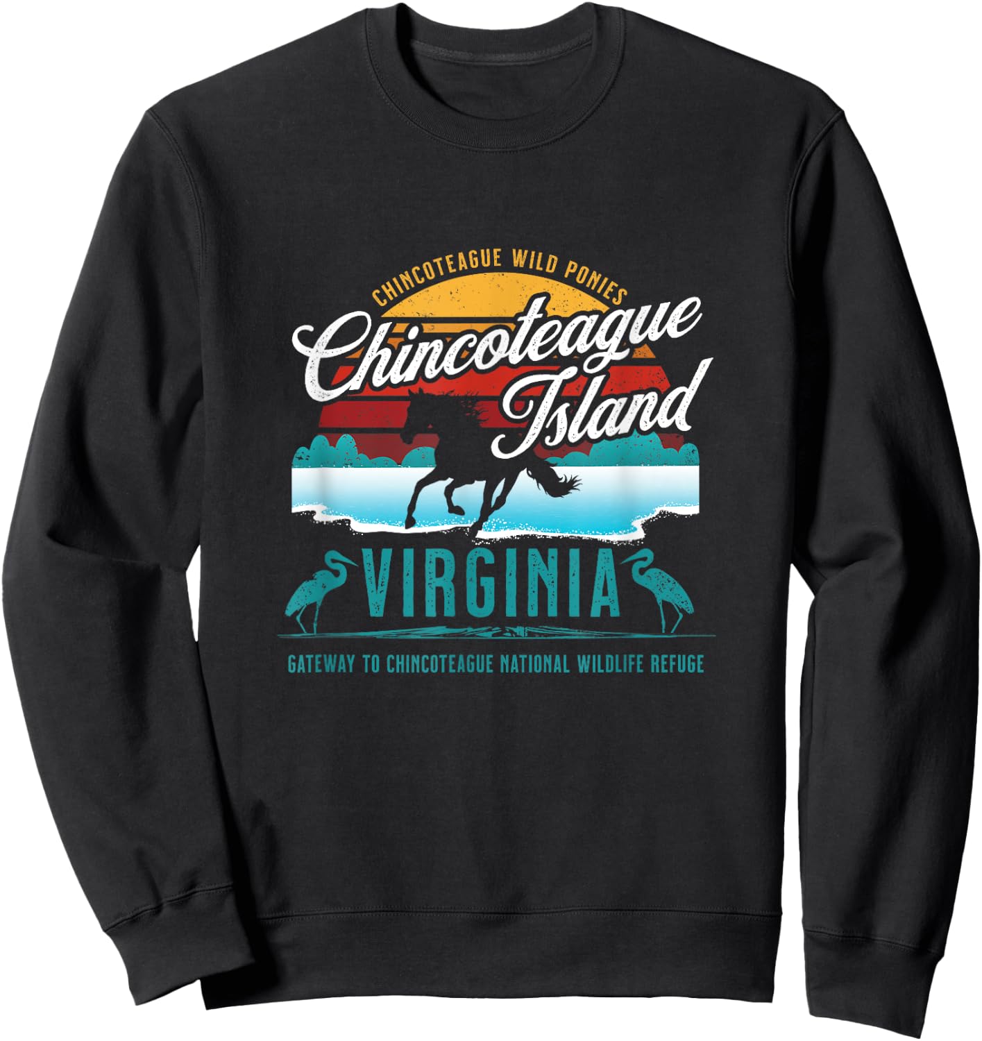 Chincoteague Island Virginia Wild Ponies Retro Sun Souvenir Sweatshirt - Sweatshirt | Black
