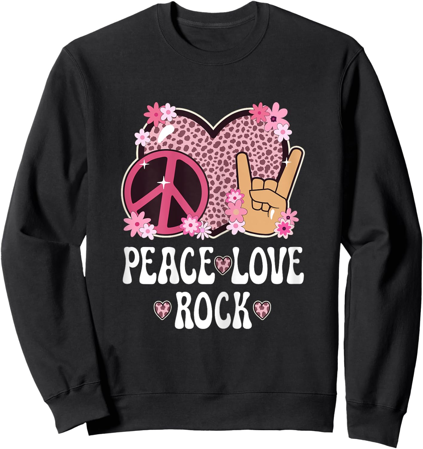 Peace Love Rock And Roll Cheetah Print Women Rock Outfit Sweatshirt - Sweatshirt | Black