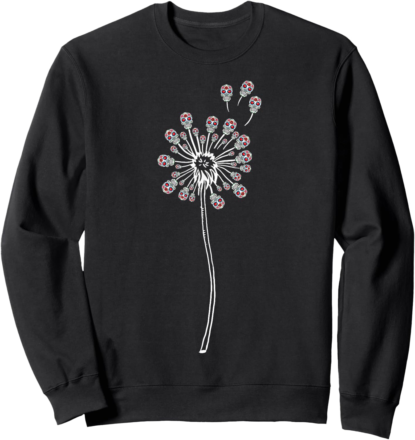 Funny Sugar Skull Women Cool Dandelion Flower Sweatshirt - Sweatshirt | Black