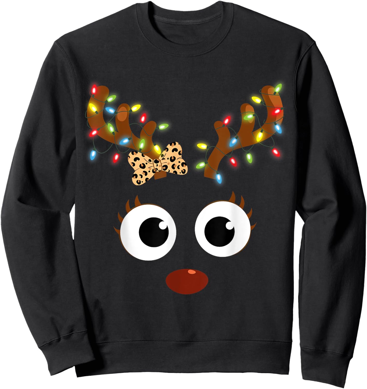 Reindeer Face Girl Leopard Bow Christmas Matching Family Sweatshirt - Sweatshirt | Black