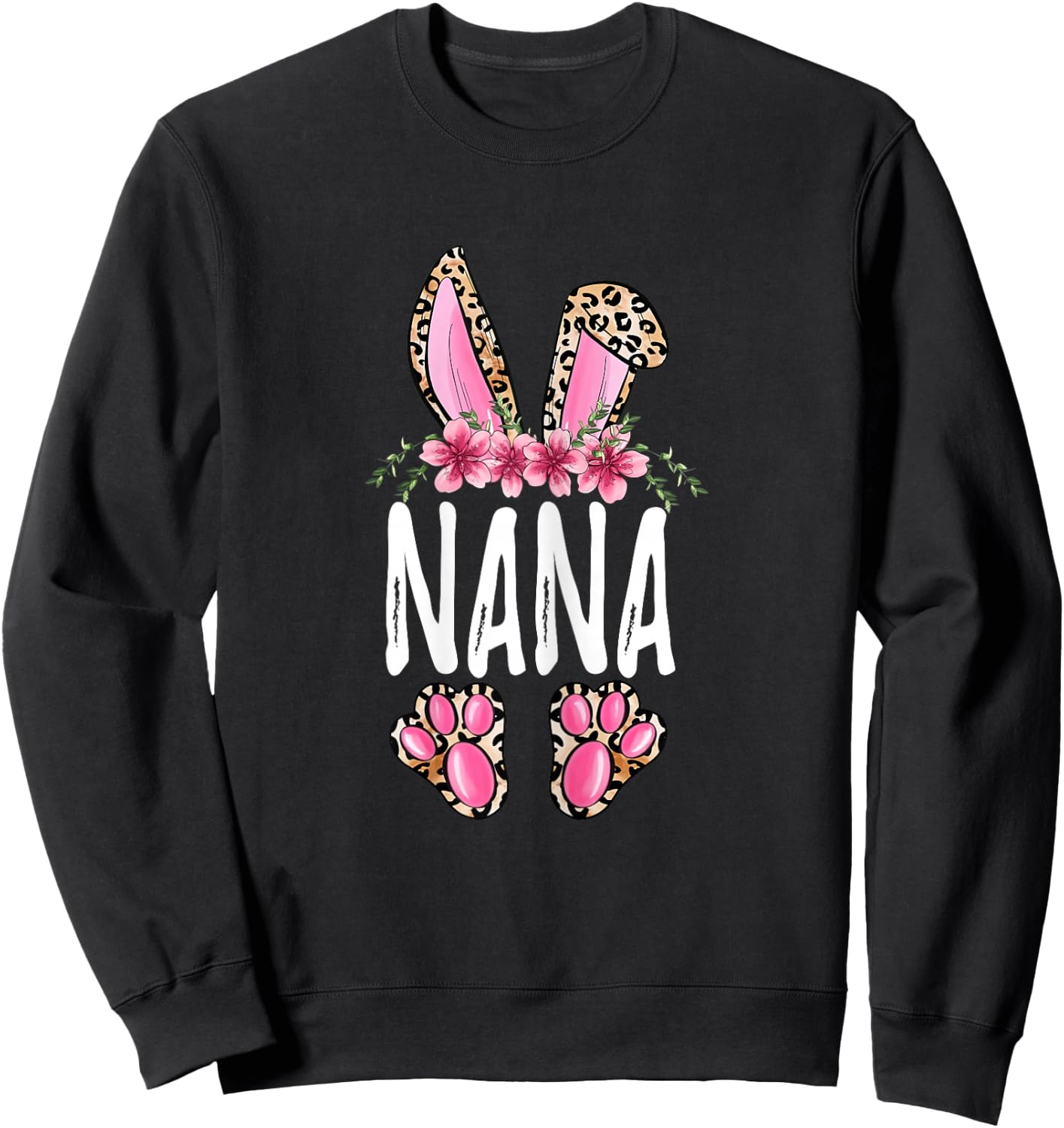 Floral Leopard Nana Bunny Cute Happy Easter Mother's Day Sweatshirt - Sweatshirt | Black