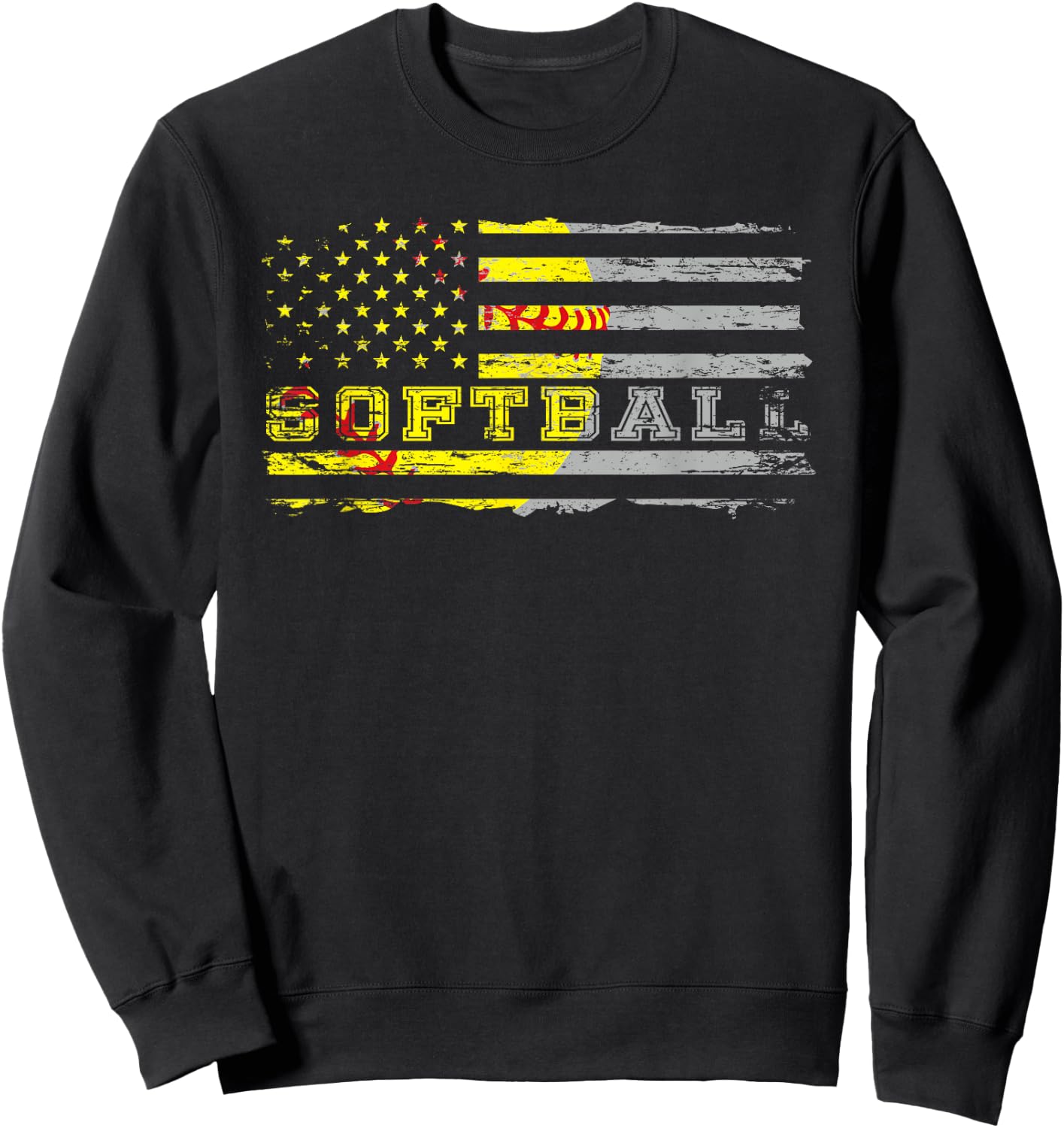 American Flag Softball Fan Team Distressed Gift Women Girls Kids Men Sweatshirt - Sweatshirt | Black