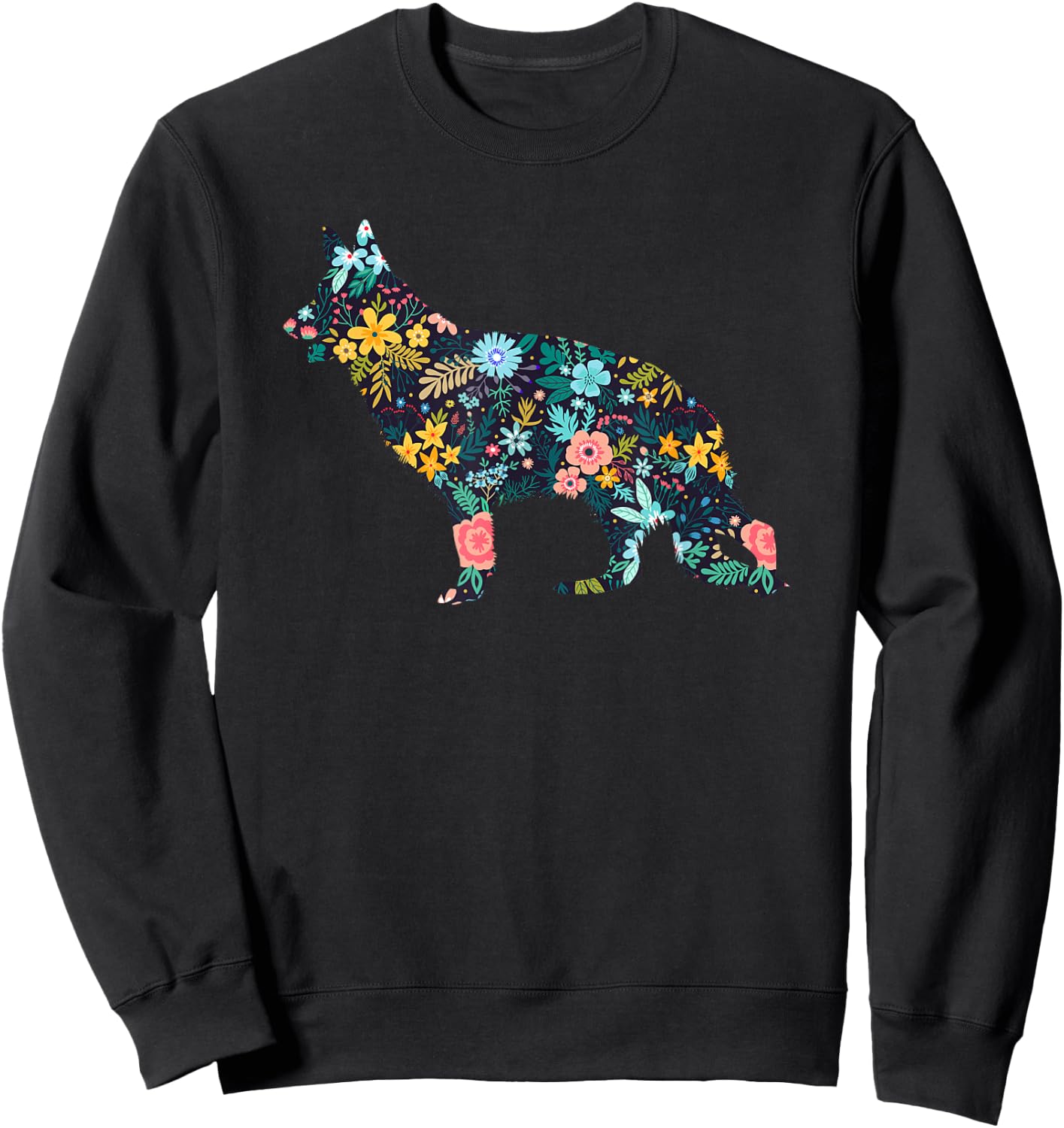 German Shepherd Floral Dog Silhouette Graphic Sweatshirt - Sweatshirt | Black