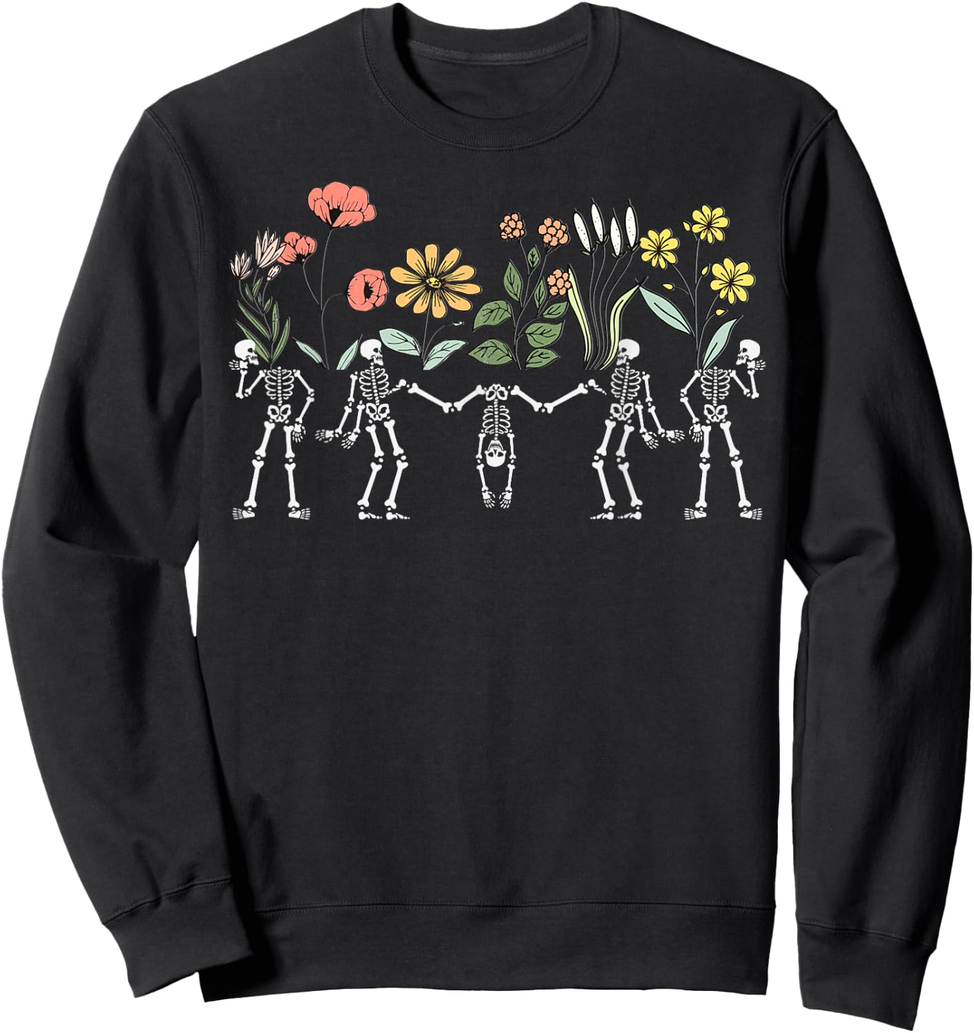 Dancing Skeletons Vintage Floral Skeleton Flower Halloween Sweatshirt - Sweatshirt | Black