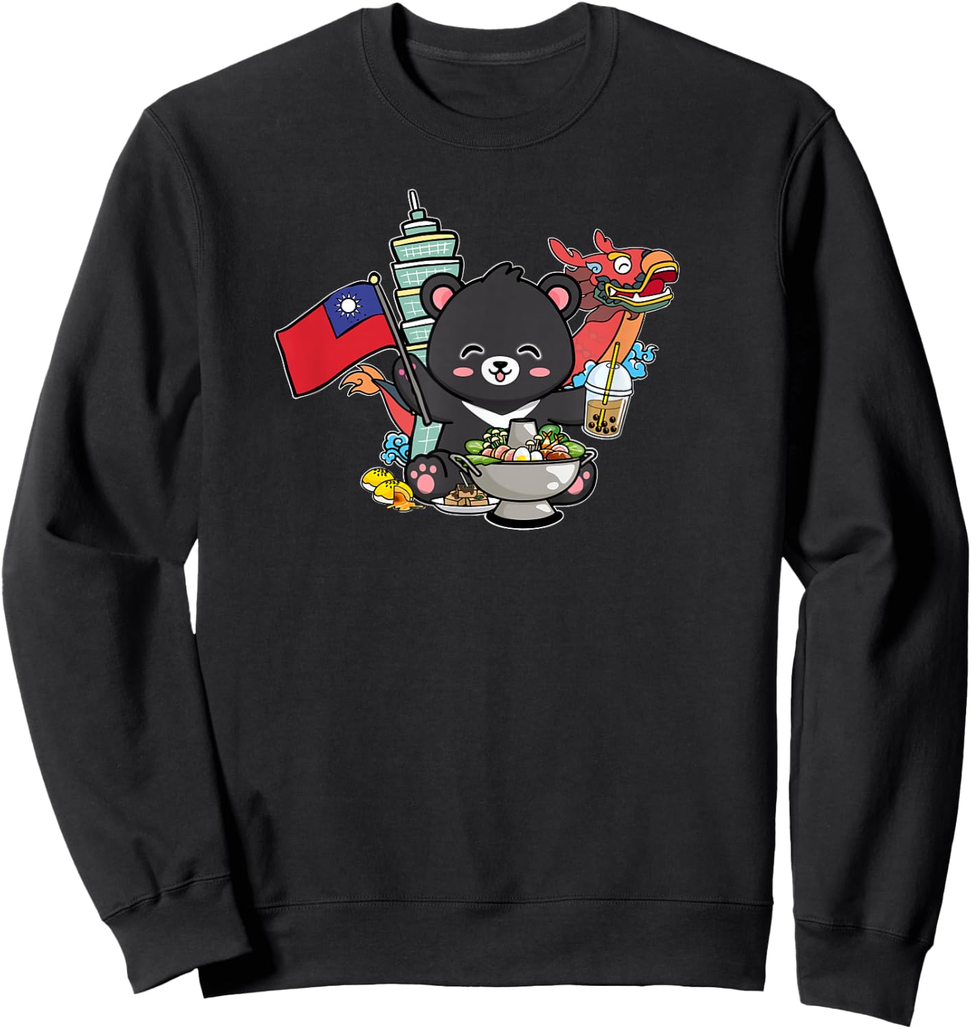 Kawaii Hot Pot Boba Bear Taiwan Flag Travel Sweatshirt - Sweatshirt | Black