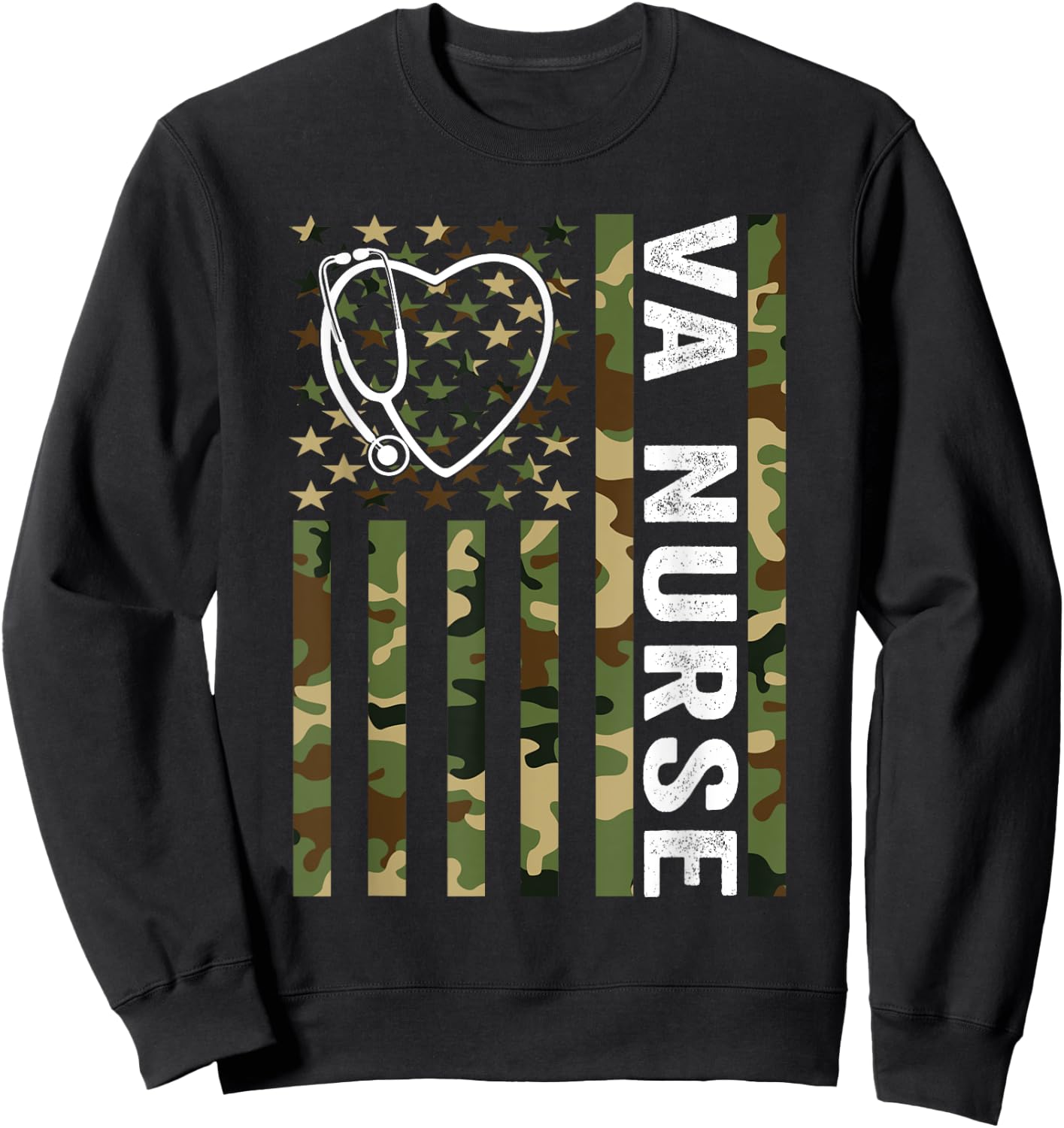 VA Nurse Camouflage American Flag Patriotic Medical Worker Sweatshirt - Sweatshirt | Black