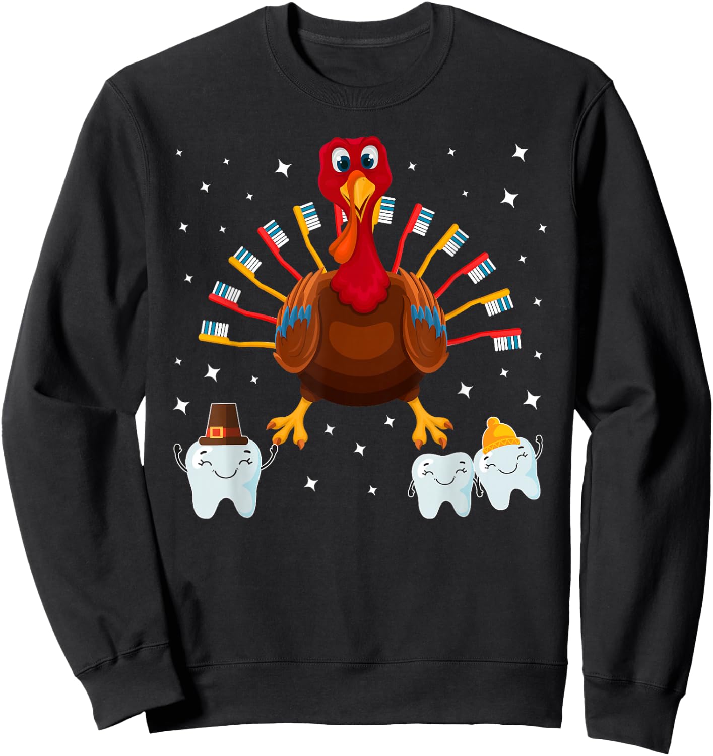 Happy Thanksgiving Cute Turkey Teeth Toothbrush Dental Sweatshirt - Sweatshirt | Black
