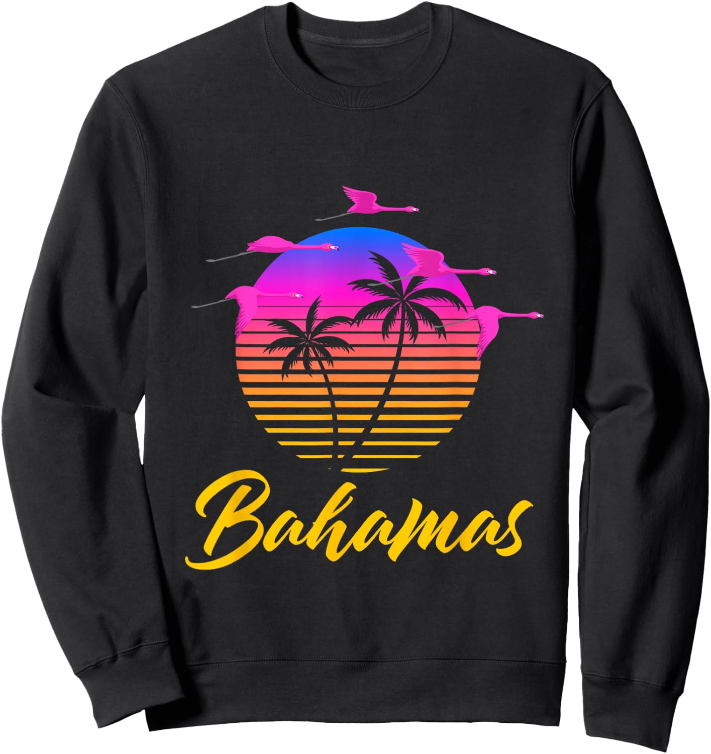 Bahamas Caribbean Retro Sunset Palm Tree Flamingo Vacation Sweatshirt - Sweatshirt | Black