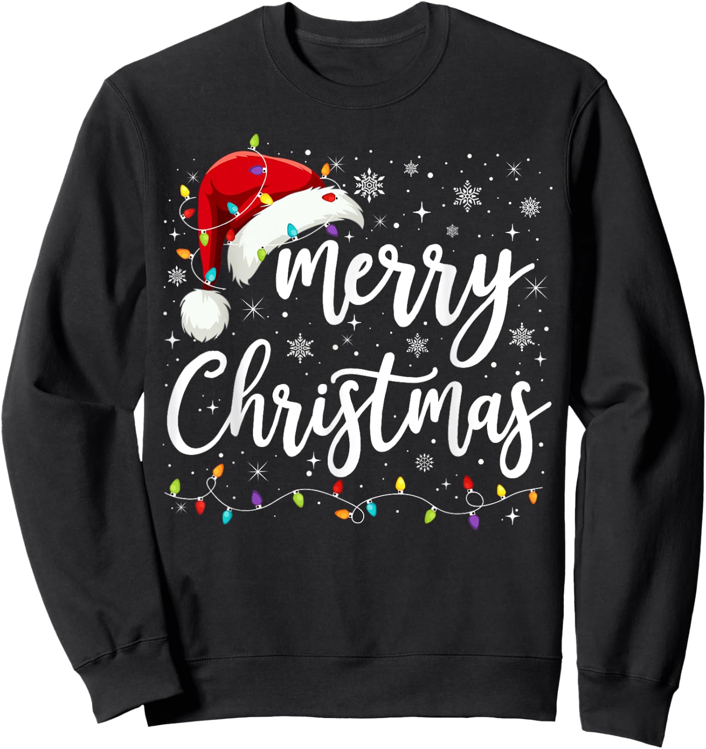 Merry Christmas Lights Red Santa Hat Xmas Family Men Women Sweatshirt - Sweatshirt | Black