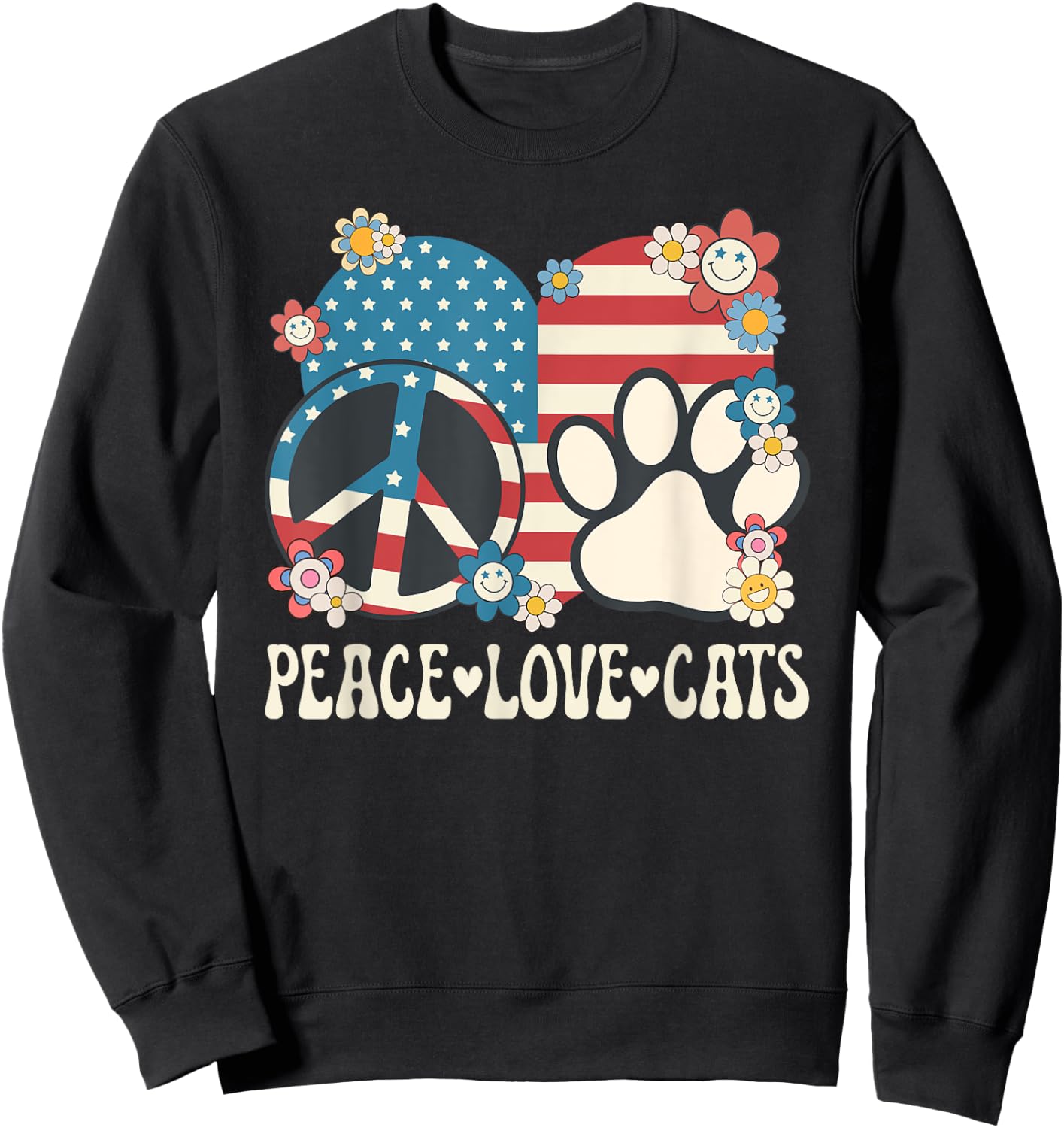Peace Love Cats American Flag Patriotic Cat Lover Retro Cat Women Girls Kids Sweatshirt - Sweatshirt | Black