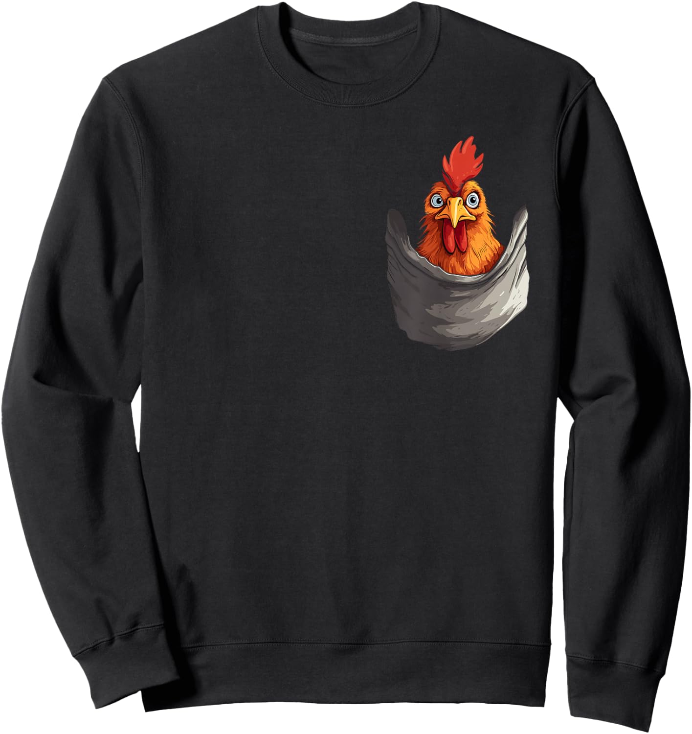 Fun print with hen in pocket, rooster, hen and farmer , Black, S Sweatshirt - Sweatshirt | Black