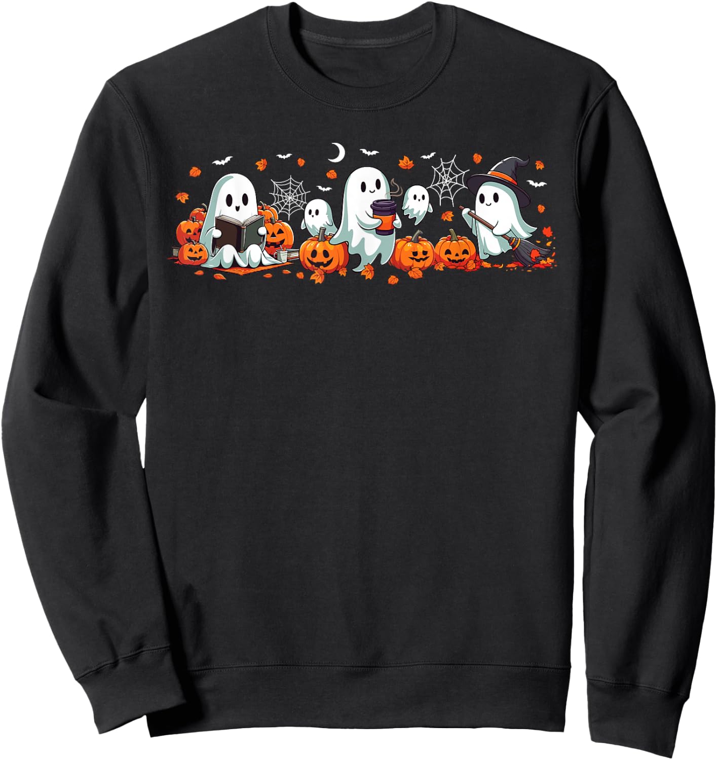 Ghost Reading Book Drinking Coffee Cute Spooky Halloween Sweatshirt - Sweatshirt | Black