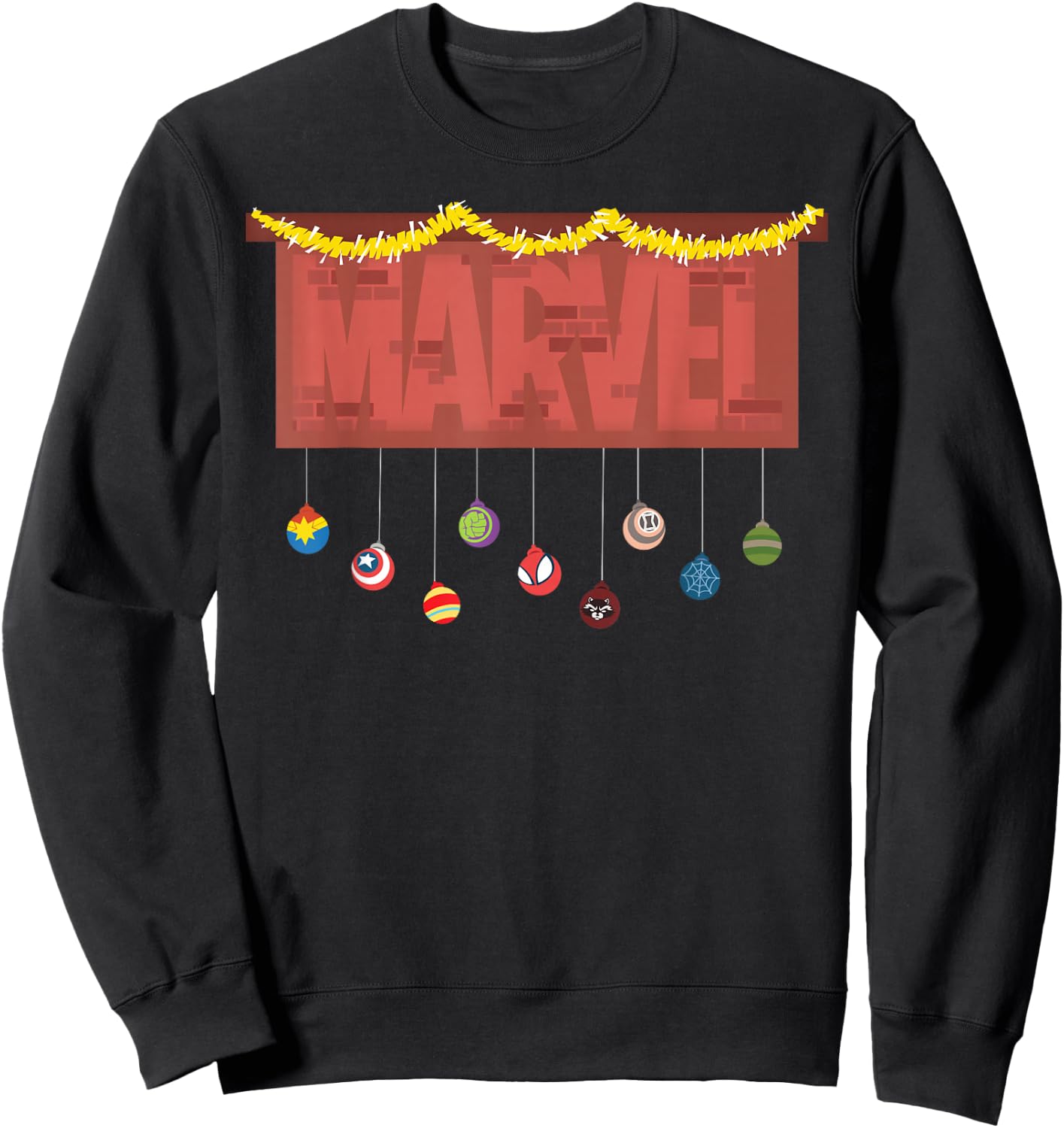 Marvel Logo Holiday Christmas Avengers Super Hero Ornaments Sweatshirt - Sweatshirt | Black